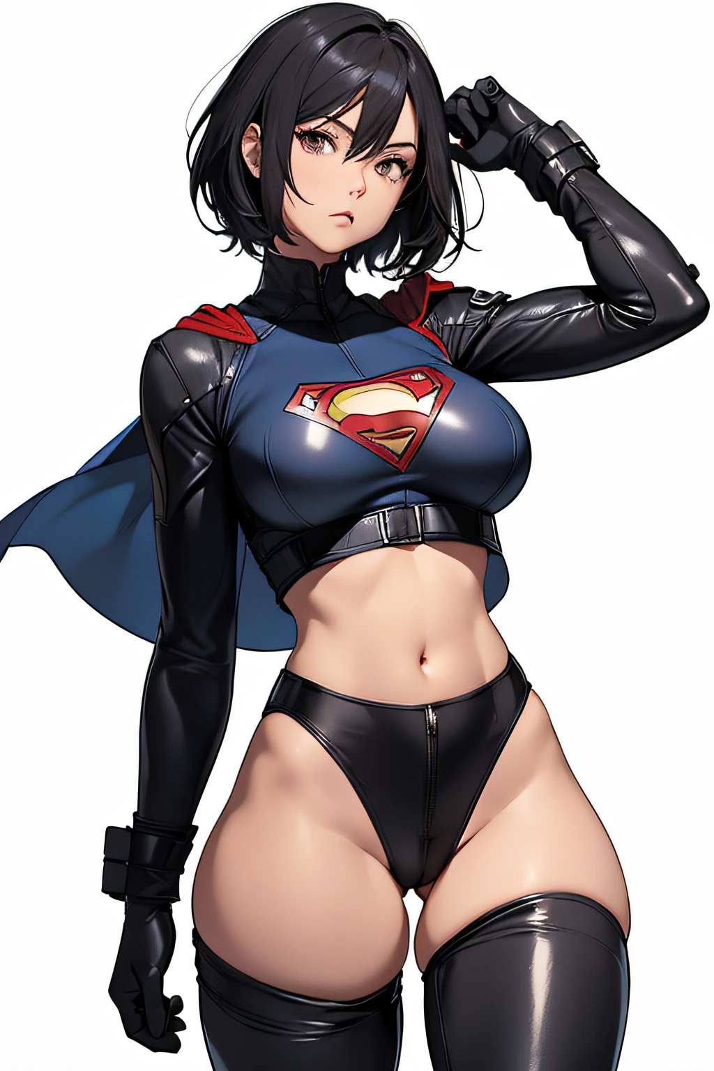 a female superman character is wearing body armor and gloves in tight leather pants, 1girl, solo, breasts, covered , black hair, thighhighs, short hair, leotard, thighs, white background, eyes half open, simple background, cameltoe, (bare navel:1.5), (highcut pants:1.4), (thighs are showing:1.6)