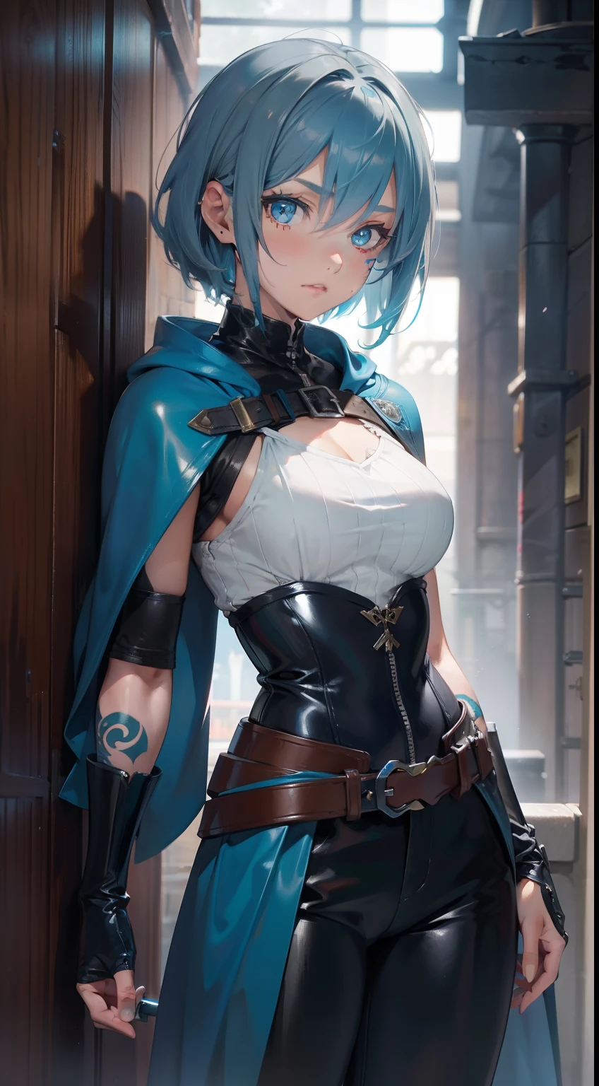 young girl, short gray hair, tomboy, Cyan eyes, Scars, Tatoo, Blue leather cloak, breeches, two swords, open breasts, Masterpiece, hiquality, 4k, HD, Good detail