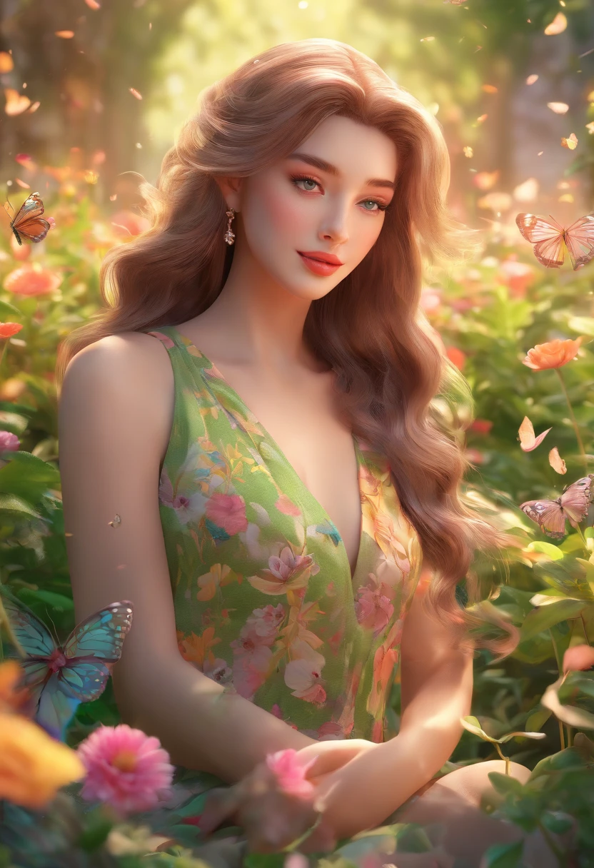 A girl in a garden,illustration,girl with long flowing hair,girl wearing a floral dress,butterflies fluttering around the girl,beautiful detailed eyes,beautiful detailed lips,extremely detailed eyes and face,long eyelashes,soft and delicate flower petals scattered on the ground,green grass and colorful flowers covering the garden,bright sunlight filtering through the branches(best quality,4k,8k,highres,masterpiece:1.2),ultra-detailed,realistic:1.37,HDR,UHD,studio lighting,physically-based rendering,professional,portrait,vivid colors,warm and vibrant color tones,natural lighting