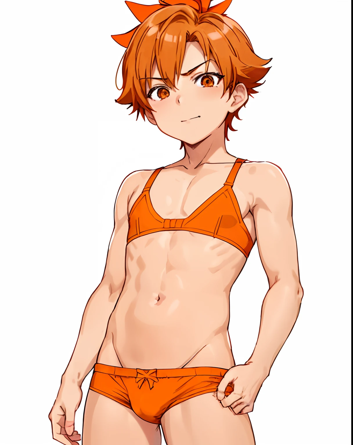 Anime boy in bra with orange bow, aya takano color style, Orange bra, Boy in orange panties, Makoto, Only underwear, garments:bra very, Rin, Anime boy with red short hair, Anime boy with brown eyes, marin kitagawa fanart, male , natsumi mukai artwrok,