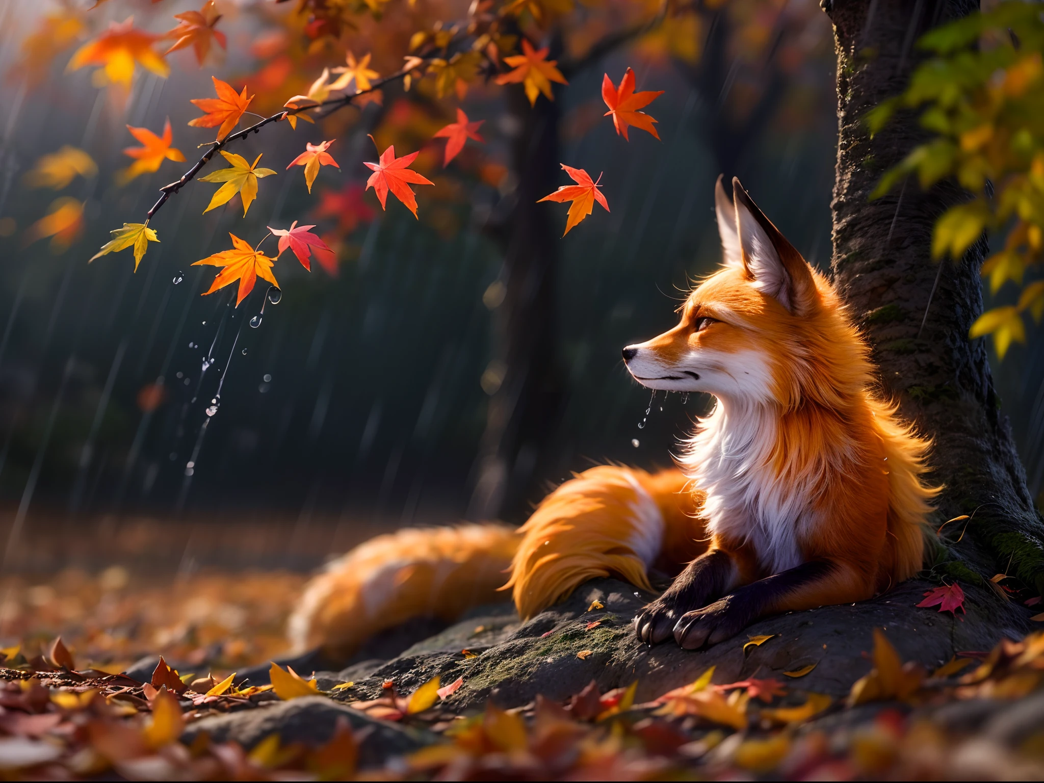 (best quality,4k,8k,highres,masterpiece:1.2),ultra-detailed,(realistic,photorealistic,photo-realistic:1.37),colorful autumn scene,lonely fox,cute fox,autumn forest,fox laying under a bunch of maple leaf,hiding fox,root of a tree,rainy day,serene atmosphere,maple trees,fall foliage,beautifully colored fox,dark green and orange leaves,peaceful environment,natural lighting,soft raindrops,leaves on the ground,gentle mist,flickering sunlight through the trees,majestic tree trunks,quiet solitude,magical atmosphere