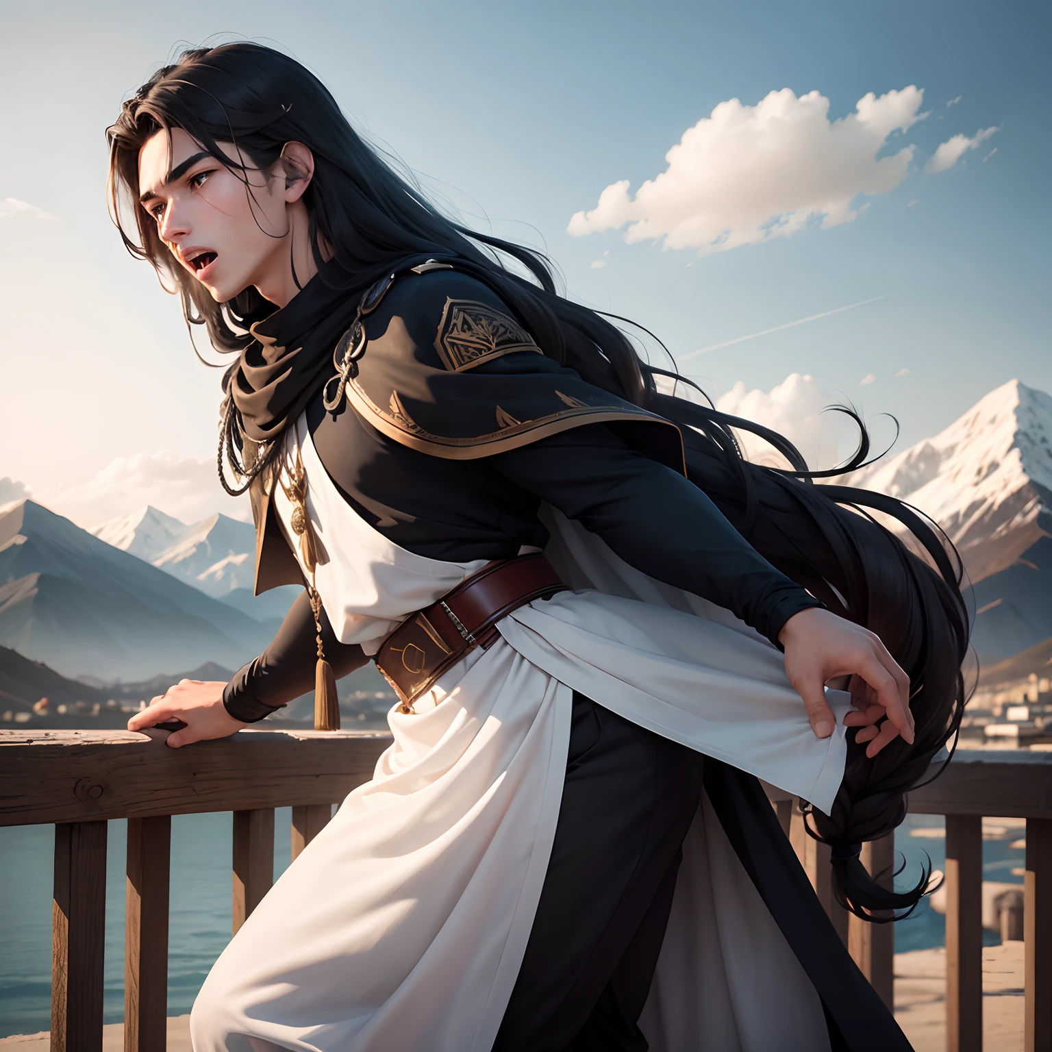 In the background are mountains, A young man, 18 years old named Men, black eyes, long hair, White, wearing a black tunic, Open mouth