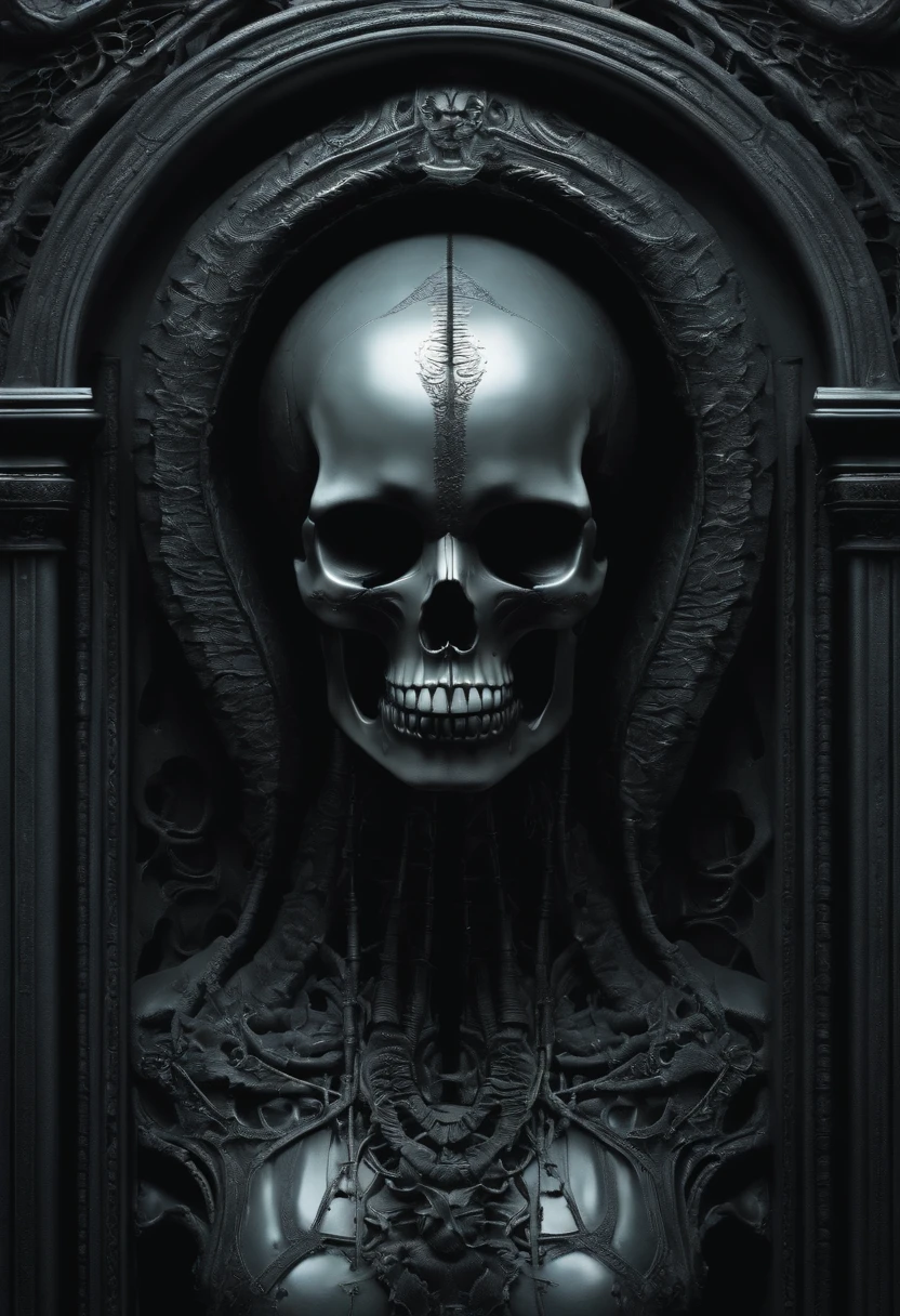 Use AI to craft an image that combines a frontal skull in a gothic style, incorporating the haunting biomechanical atmosphere found in HR Giger's artworks for the background."Remember to provide any