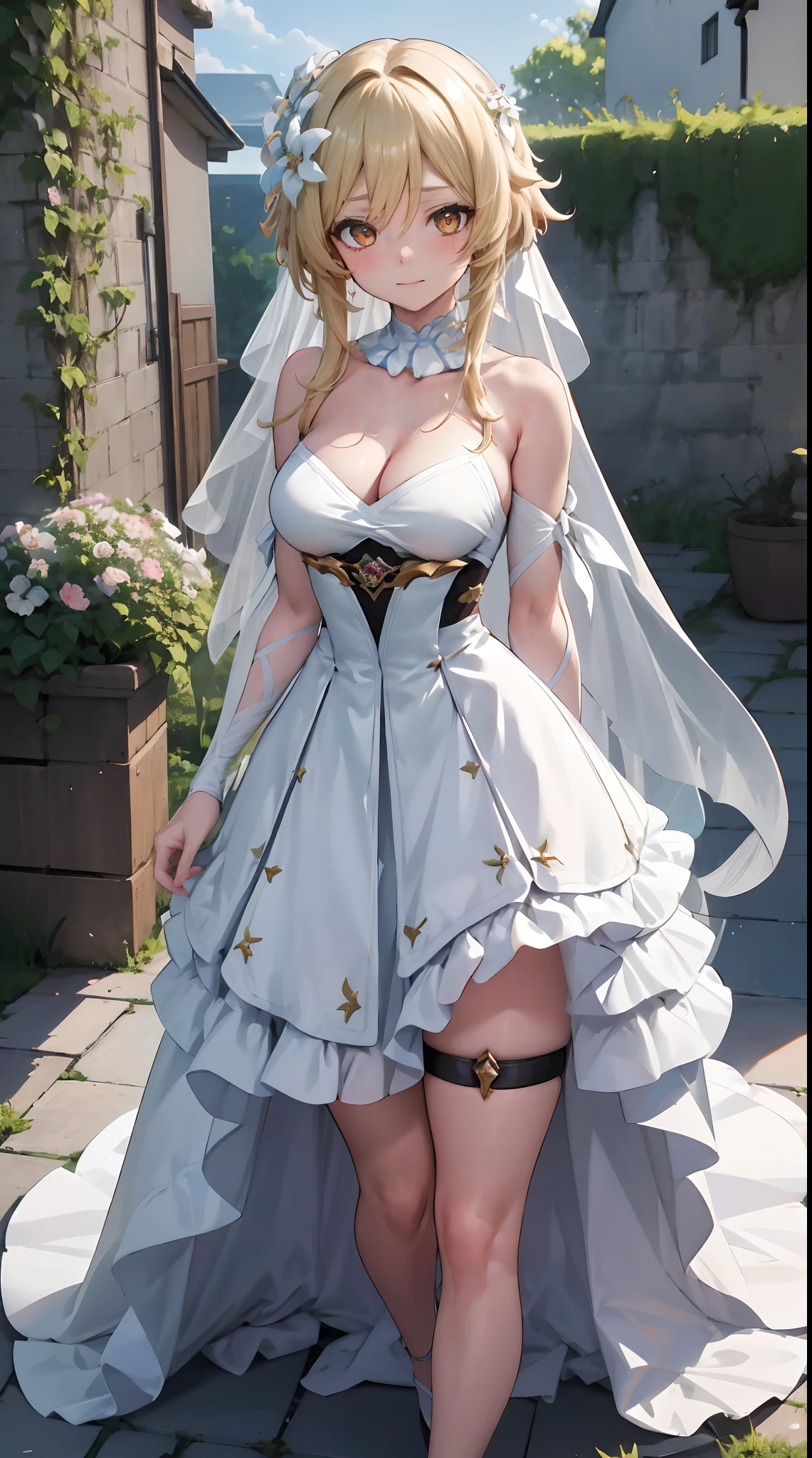 Lumine | genshin impact, master-piece, bestquality, 1girls,25 years old, proportional body, proportional., long-haired, Wedding Dresses, White Wedding Dress, Long skirt, mediuml breasts, ,bara, choker, Standing in the middle of a flower garden, outdoor, The sky is beautiful, arm behind back, against wall, View viewers from the front., Thigh strap, Head tilt, bored, 10, 10, HD, slight smile,