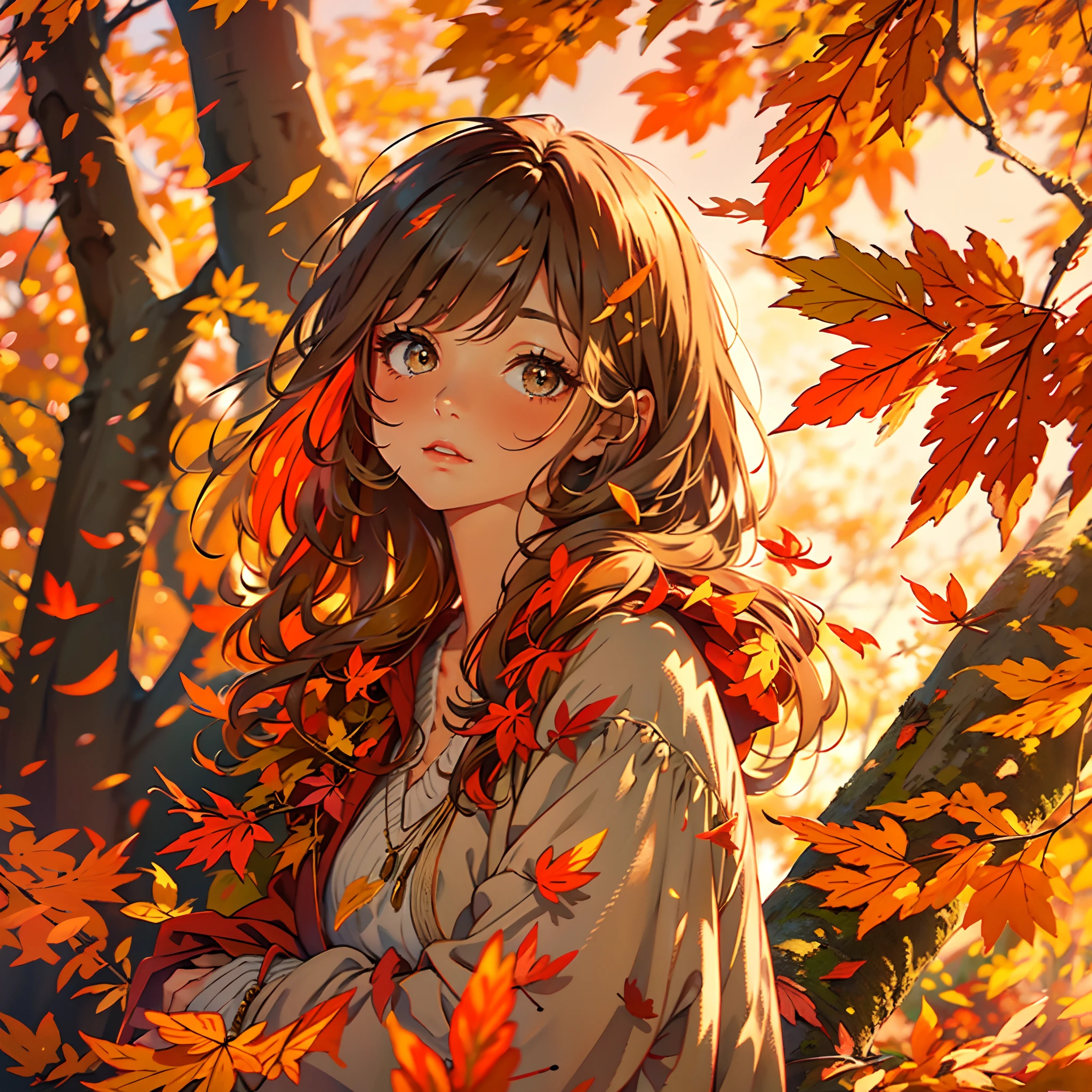 bright colors, falling leaves, golden sunlight, cozy atmosphere, vibrant reds and oranges, soft and warm tones, peaceful setting, gentle breeze, nostalgic mood, autumn foliage, serene expression, delicate eyelashes, captivating gaze