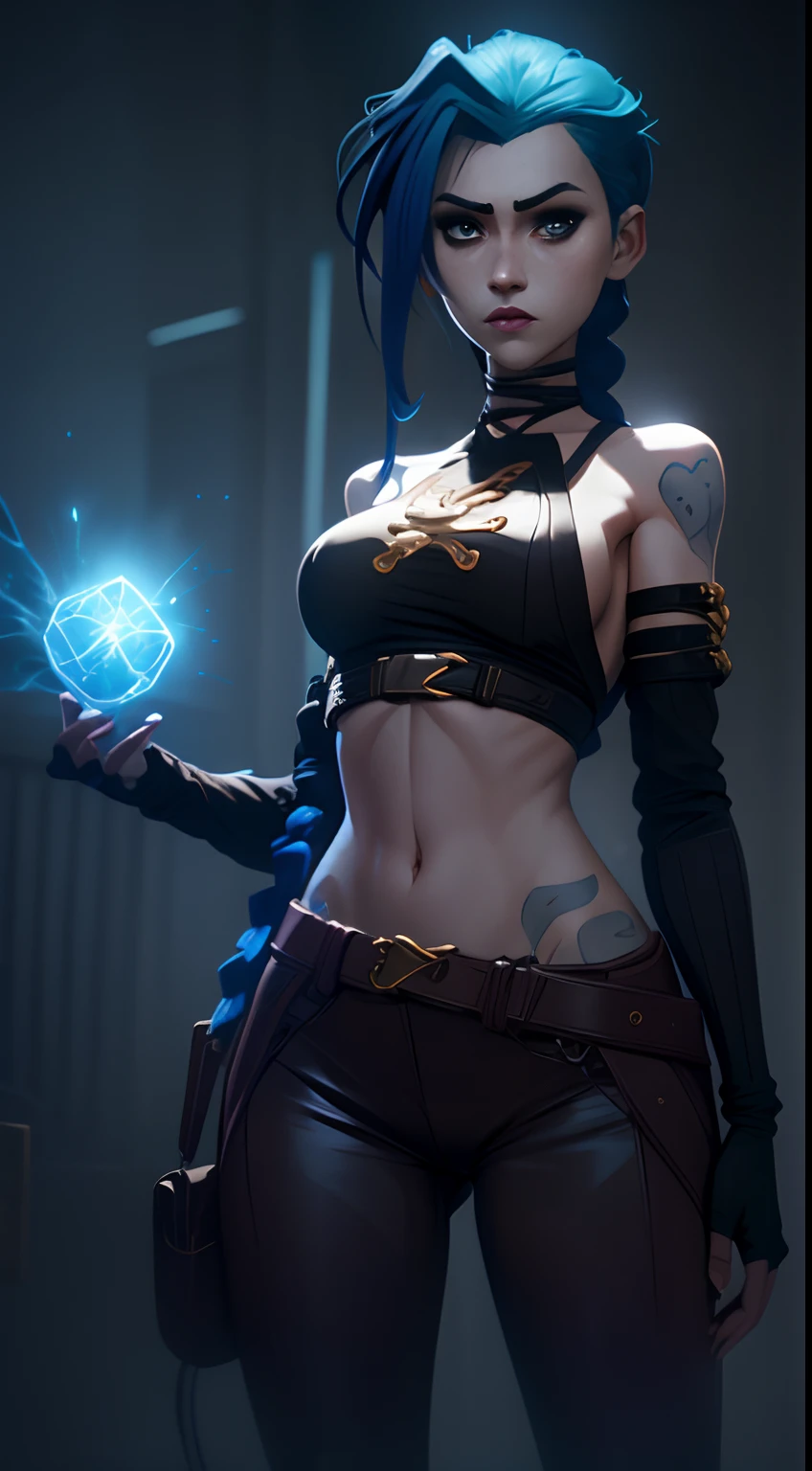 Jinx's character design, Dynamic movements, lying naked on her back, bare breast, covers the chest with his hands, Swollen , butt, kitty, sexypose, Beautiful figure, Arcane's Jinx, Bright blue and purple sparks all around, glowing eyes, Pink glowing eyes, hairlong, hairsh, braided into long braids, Pigtails hang below the knee, Hair color changes from bright blue to navy blue, Dressed in brown breeches, Leather boots on the feet, Top with four gold circles on the chest in the middle of the chest, Blue cloud tattoos on shoulders and waist, Long bangs, hanging on the right side, Belt with cartridges on the belt, Arcane style, extremely detailed CG unity 8k wallpaper, detailed light, Cinematic lighting, chromatic aberration, glittering, expressionless, epic composition, dark in the background, Cherecter Desing, Very detailed, Detailed body, Vibrants, Detailed Face, sharp-focus, anime art, Vibrants, Detailed Face, Hugh Details, sharp-focus, Very drooping face, A detailed eye, super fine illustration, better shadow, finely detail, Beautiful detailed glow, Beautiful detailed, Extremely detailed, expressionless, epic composition,