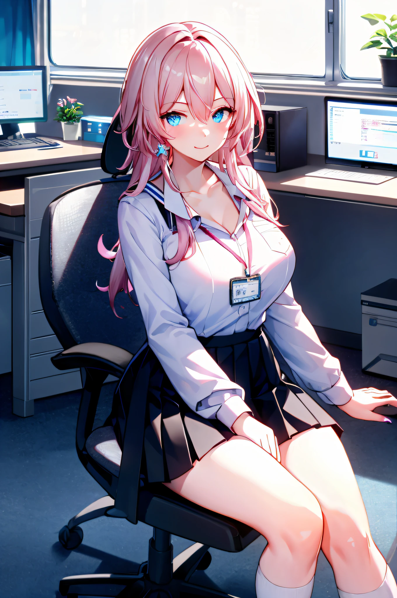 highres, masterpiece, perfect ligthing, bloom, cinematic lighting, adult, perfect skin, female,1girl, female masturbation, office lady, office, pencil skirt, skirt lift, spread legs, pussy, white shirt, lanyard, thighhighs, suggestive fluid,female ejaculation,squirting,ahegao.rolling eyes