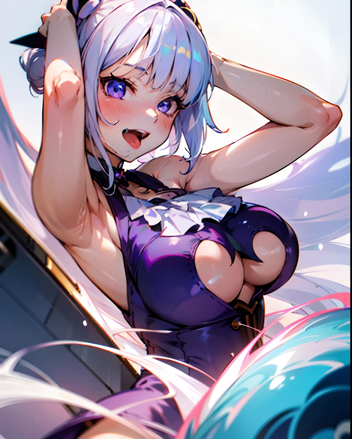 anime girl with white hair and purple dress posing for a picture, oppai, small curvy loli, biomechanical oppai, loli, lower body, thicc, ayaka genshin impact, seductive anime girl, ahegao, anime moe artstyle, loli in dress, splash art anime loli, shikamimi, render of april, lower body, alluring beauty