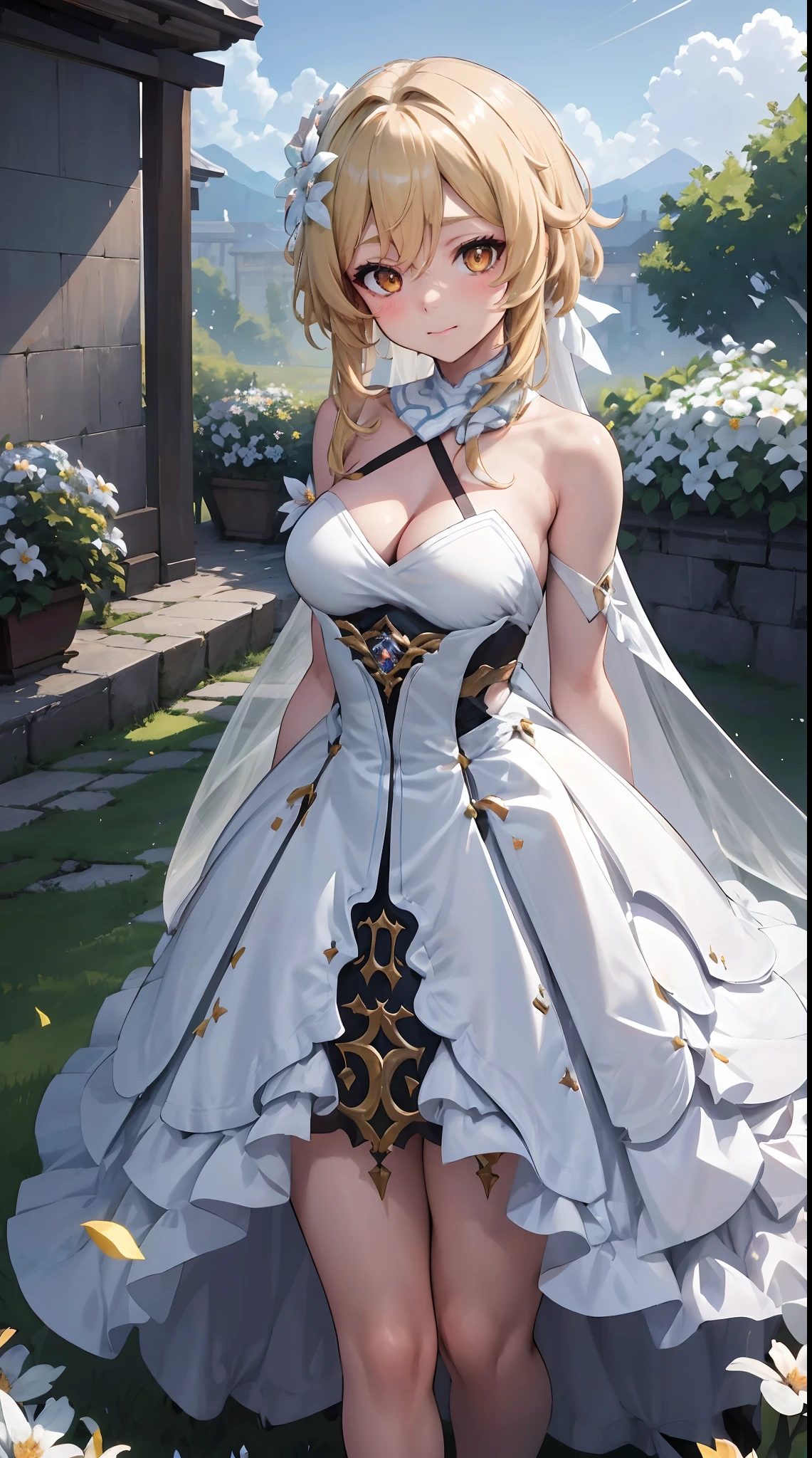 Lumine | genshin impact, master-piece, bestquality, 1girls,25 years old, proportional body, proportional., long-haired, Wedding Dresses, White Wedding Dress, Long skirt, mediuml breasts, ,bara, choker, Standing in the middle of a flower garden, outdoor, The sky is beautiful, arm behind back, against wall, View viewers from the front., Thigh strap, Head tilt, bored, 10, 10, HD, slight smile,