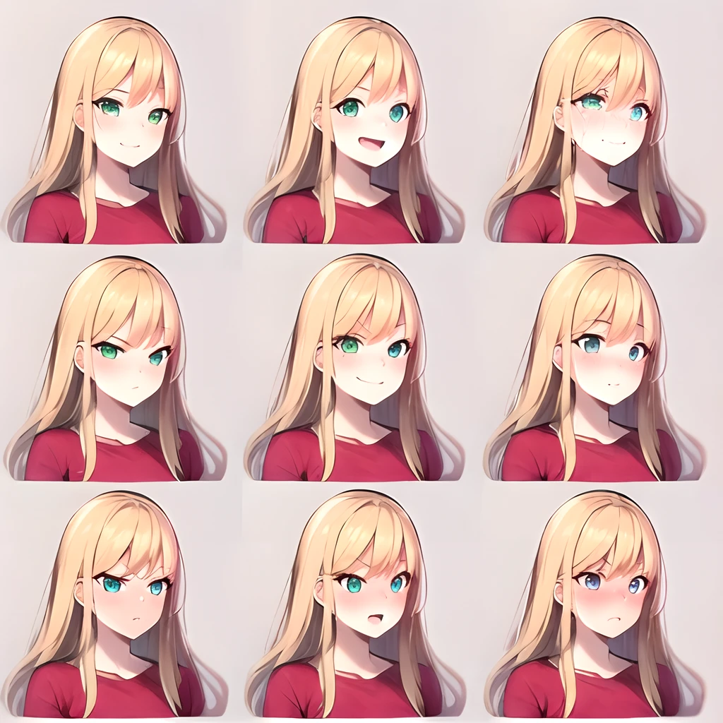 1girl,right three-quarter view,grey background,face expression sheet,same person,9 face expressions,grid,long hair,(blonde hair:1.4),green eyes,smile,laughing,crying,tired,sly smirk,shy,grumpy,surprised,terrified,BREAK(red t-shirt:1.4),best quality,masterpiece,highly detailed,super detailed,8k