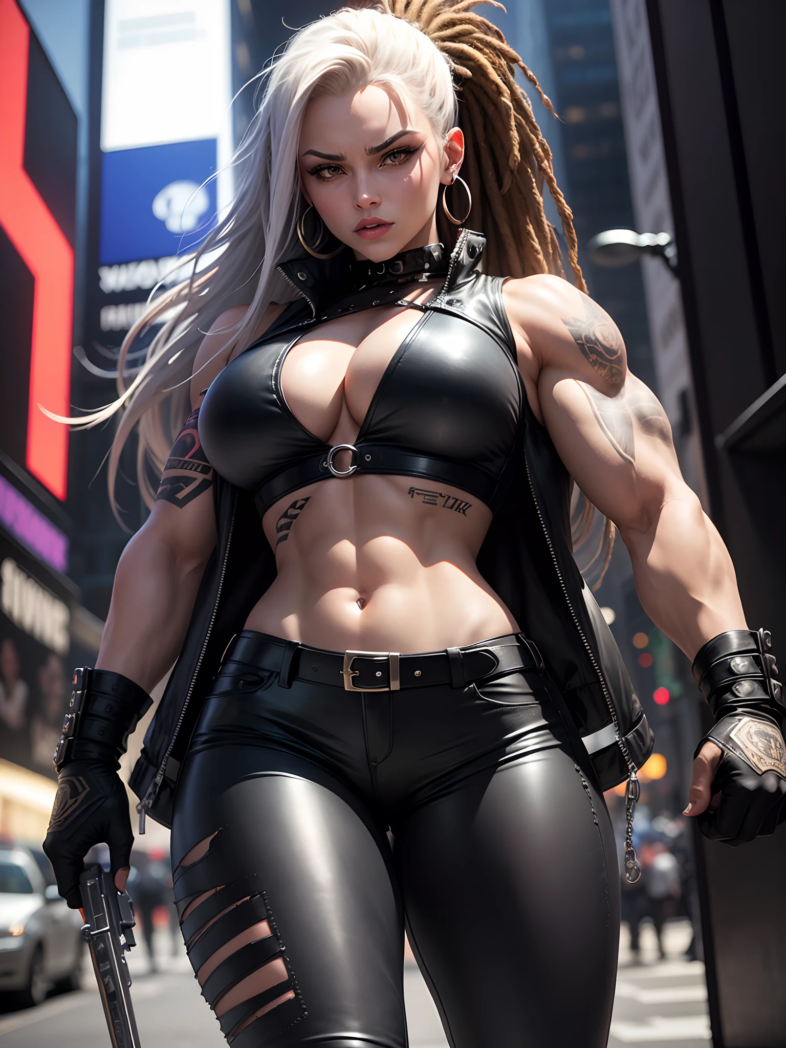 in New York, Time Square, a 25-year-old woman in the style of The Wolf, from DC Comics, with dreadlocks, is an intergalactic antiheroine known for her brutality and sarcastic attitude. He is depicted as an alien humanoid with pale white skin, long black dreadlocks, and an ultra-muscular physique in tight black leather pants. His intense red eyes add a menacing touch to his appearance. Often dressed in an open black leather vest, tight pants, and heavy boots, he sports a punk-rock appearance. With tattoos and scars all over her body emphasize her hardened nature, while her preferred dagger and firearms highlight her fierce and relentless fighting style, In New York, (big boobs: 1.5), (black leather vest: 1.5), (realism: 1.5),