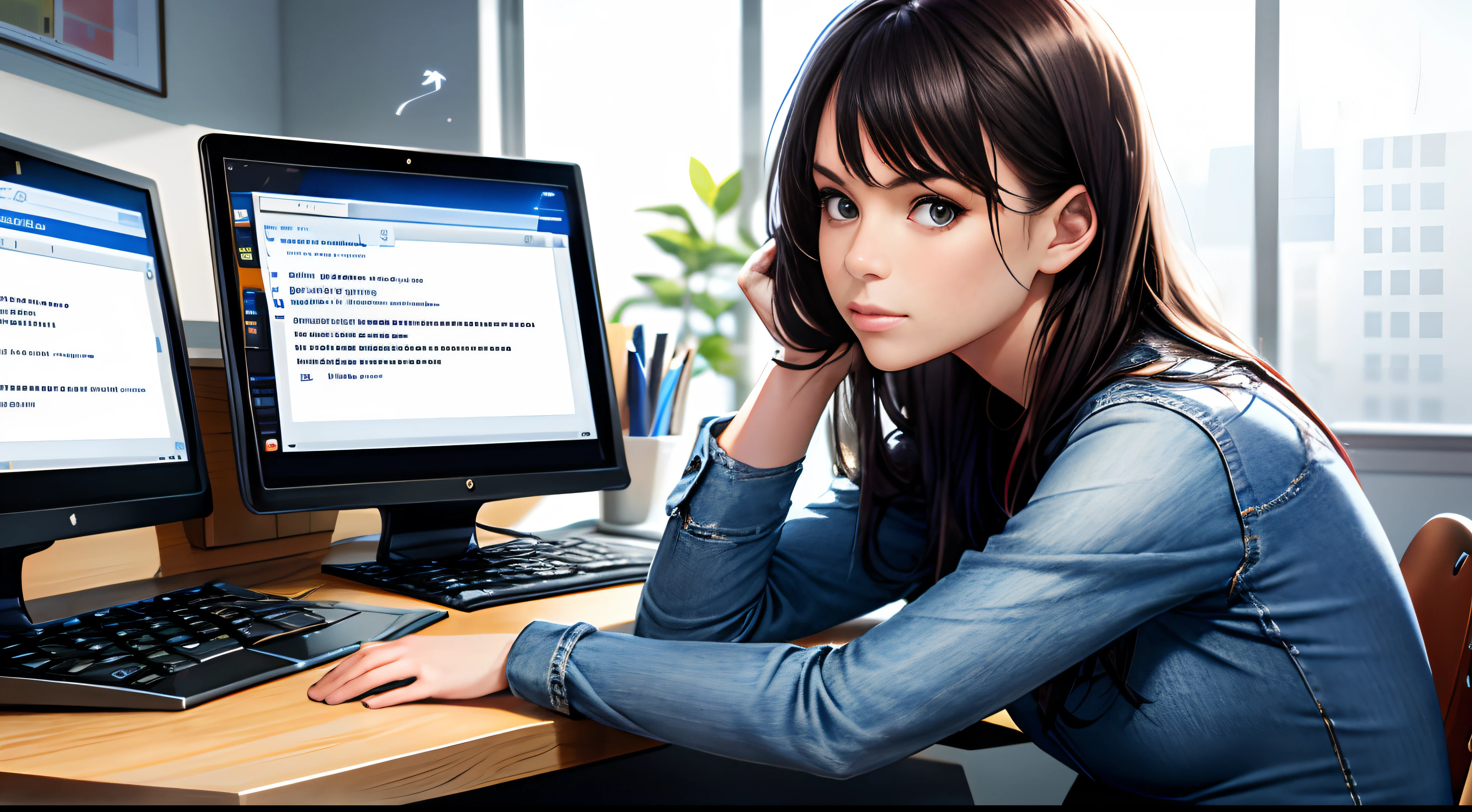 (typing in a computer:1.3), alone in a office with 4 empty places, wearing a grey shirt, wearing blue jeans, the only light comes from a lamp mounted on one screen, the place has 2 screen and a keybaord, a webcam is mounted on one screen, 1girl, realistic