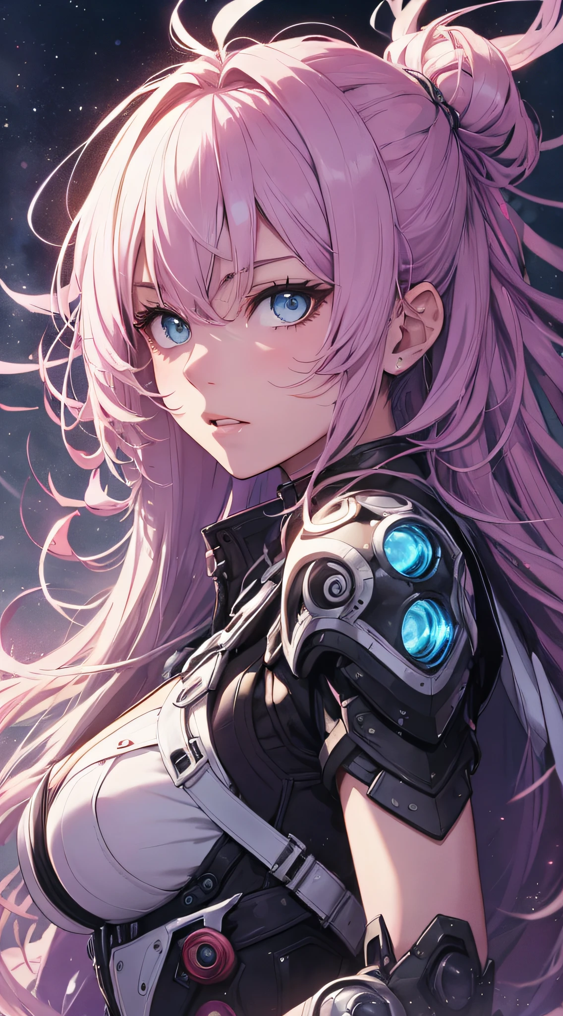 top-quality、Top image quality、masterpiece、girl with((18year old、cyborgs、System Dynamics、Metallic body、Best Bust、Medium bust、Long pink hair、Light blue eyes、deadpan、Breasts wide open,Wind blows from behind、Dark look))hiquality、Beautiful Art、Background with(Distorted universe)),masutepiece、Elaborate design、visualart、depth of fields、The best lighting、highestdetailed、low angles