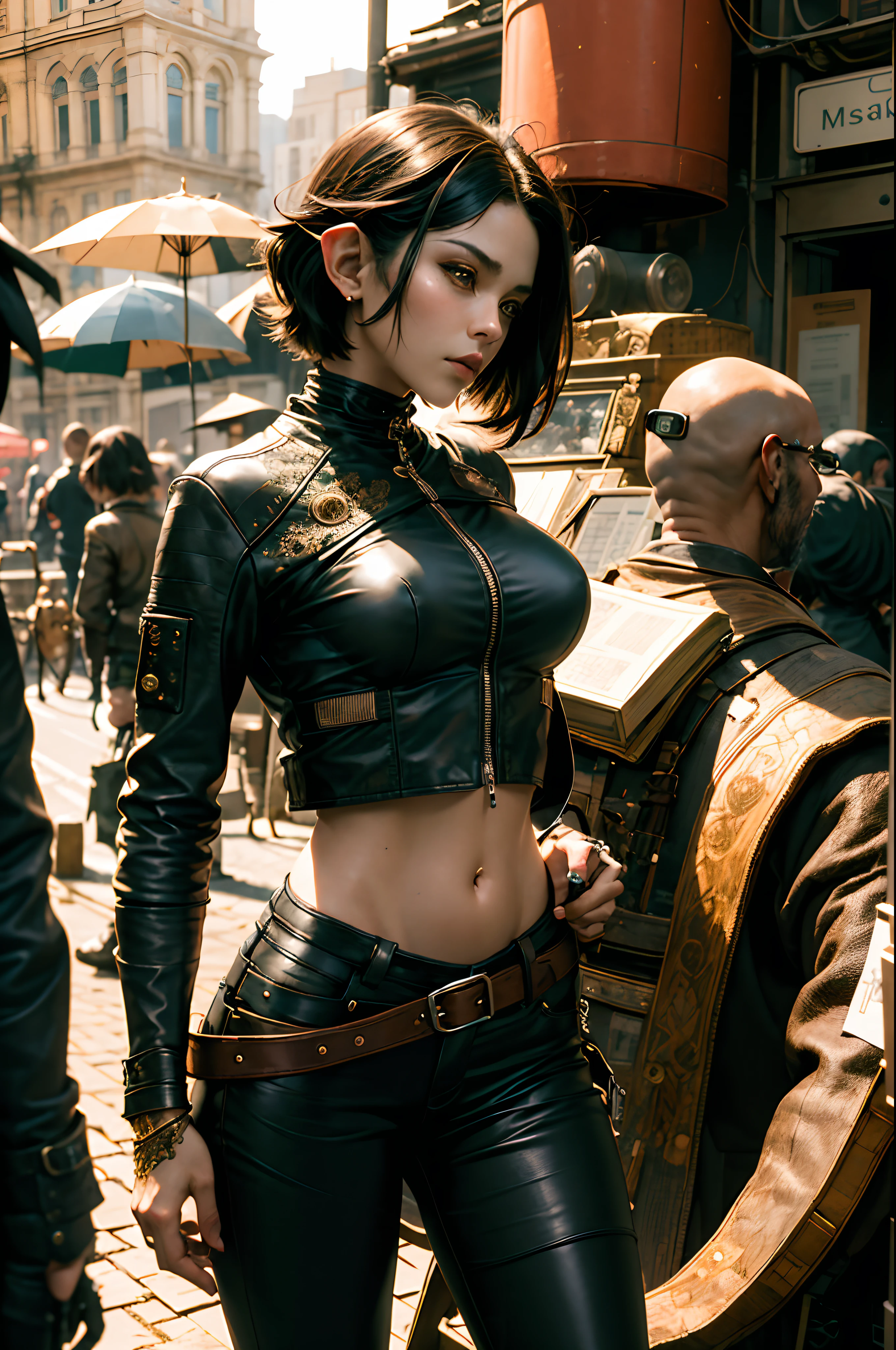 (masterpiece:1.2) (illustration:1.1) (best quality:1.2) (detailed) (intricate) (8k) (HDR) (wallpaper) (cinematic lighting) (sharp focus), (1girl), beautiful woman, petite, skinny, elf, fair skin, short black hair, leather pants, leather jacket,  black leather, leather straps, white hirt, serious face