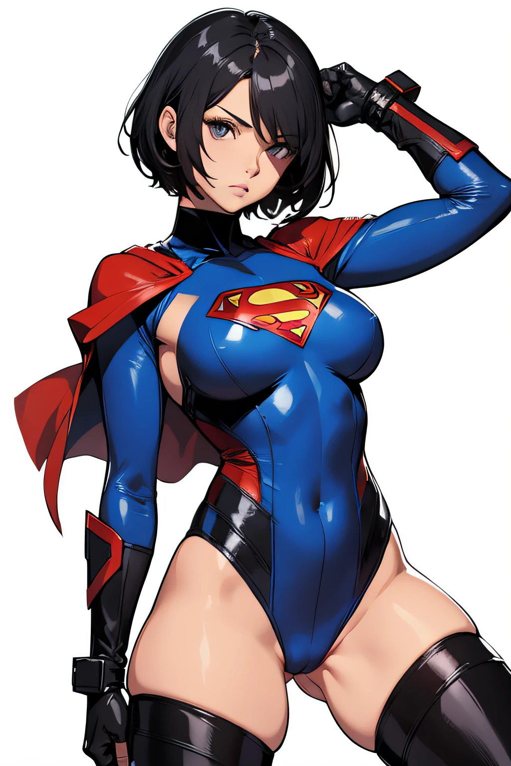 a female superman character is wearing body armor and gloves in tight leather pants, 1girl, solo, breasts, covered , black hair, thighhighs, short hair, leotard, thighs, white background, eyes half open, simple background, cameltoe, bare navel