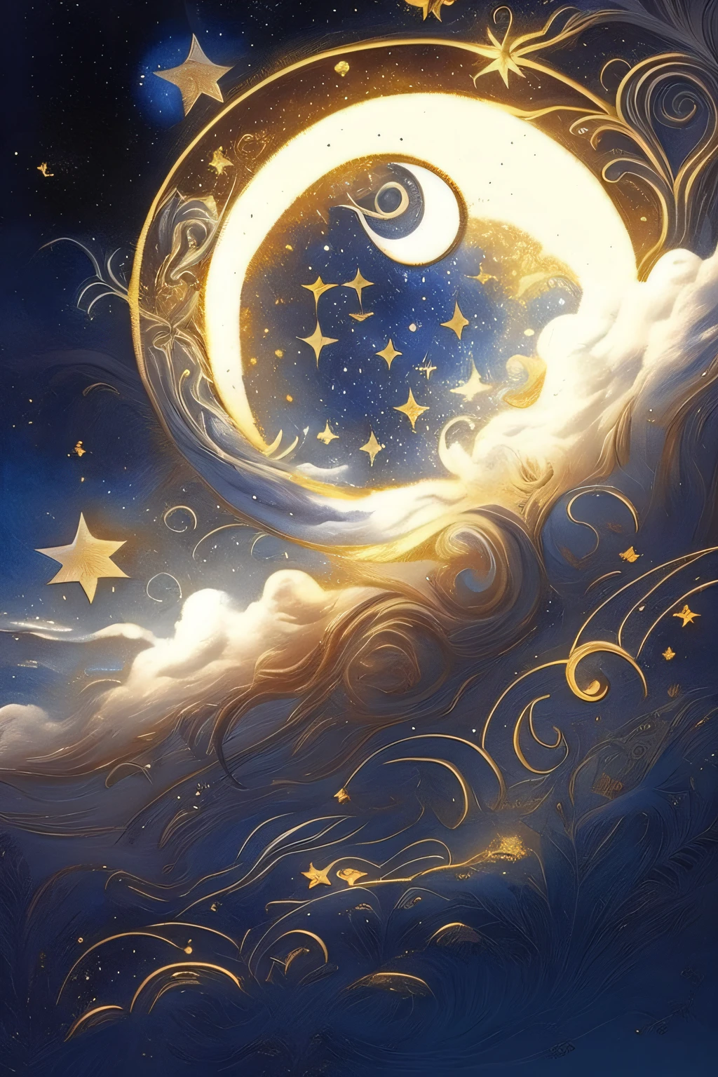 Starry night sky with crescent moon and stars in the sky, Detailed fairytale landscape, Dreamy and detailed, A Dreamy Night, The theme of the stars and the moon, Celestial space, Dreamy art, Stars and paisley filled the sky, Baroque painting. a starry sky, Cosmic starry sky, The Moon and the Stars, The Moon and the Stars, painting of a dreamscape, luna, Shining with golden light, magical background