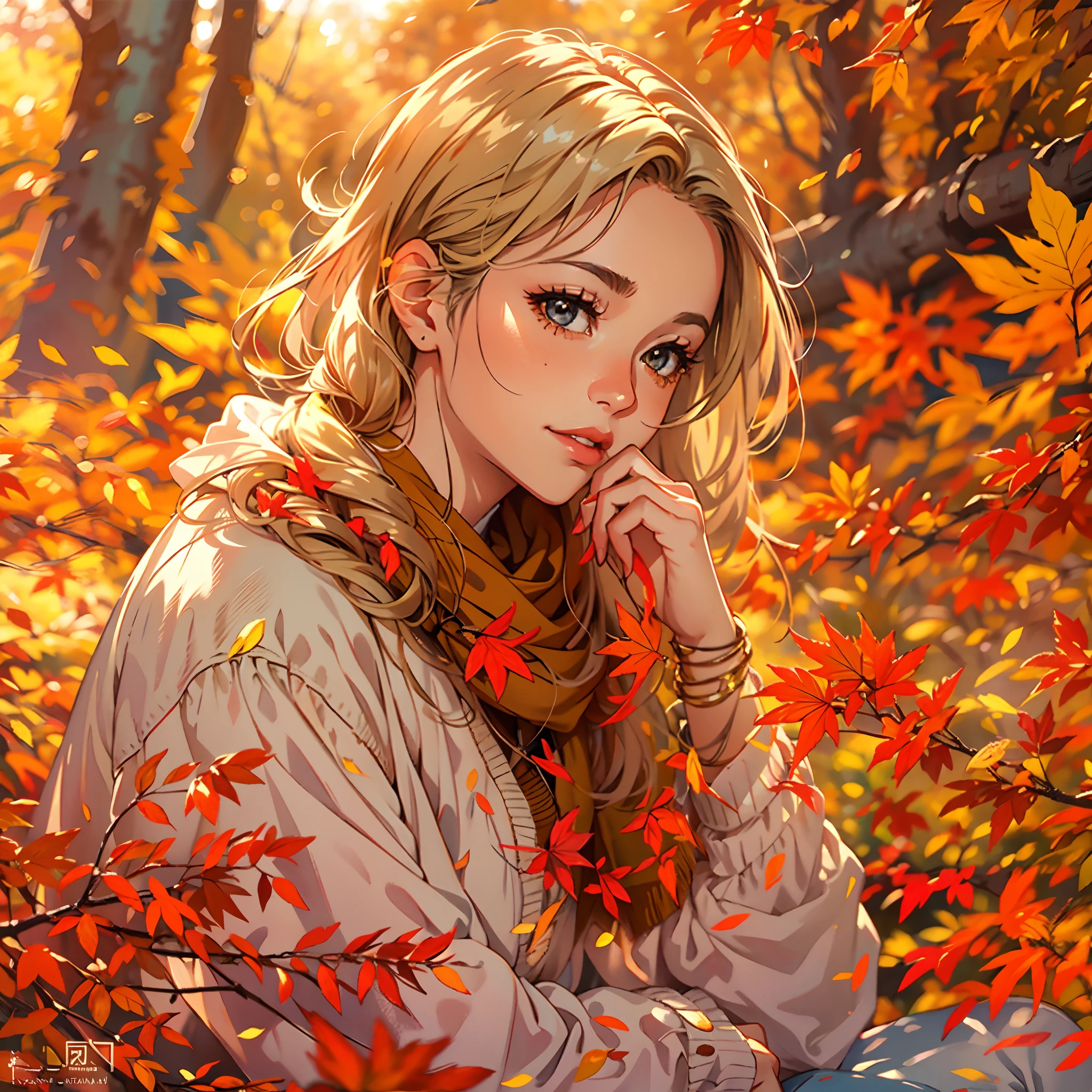 bright colors, falling leaves, golden sunlight, cozy atmosphere, vibrant reds and oranges, soft and warm tones, peaceful setting, gentle breeze, nostalgic mood, autumn foliage, serene expression, delicate eyelashes, captivating gaze