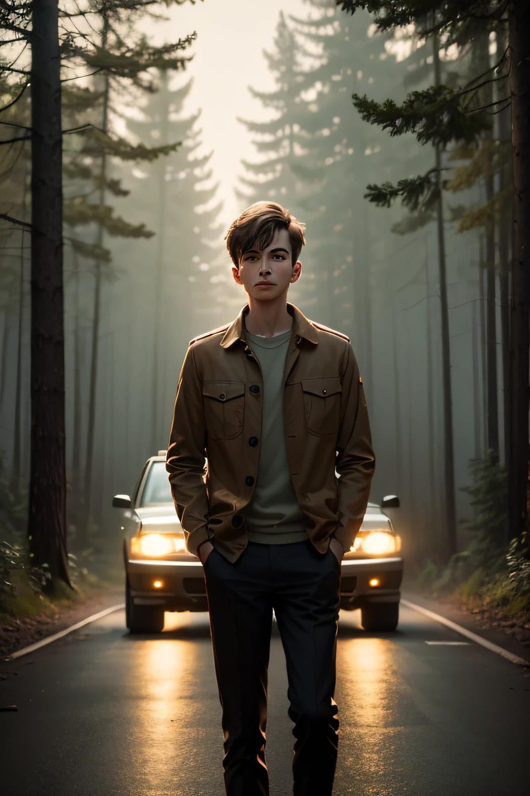 a young man standing on a road in the middle of the forest, with a station wagon, at night, cinematic realistic image