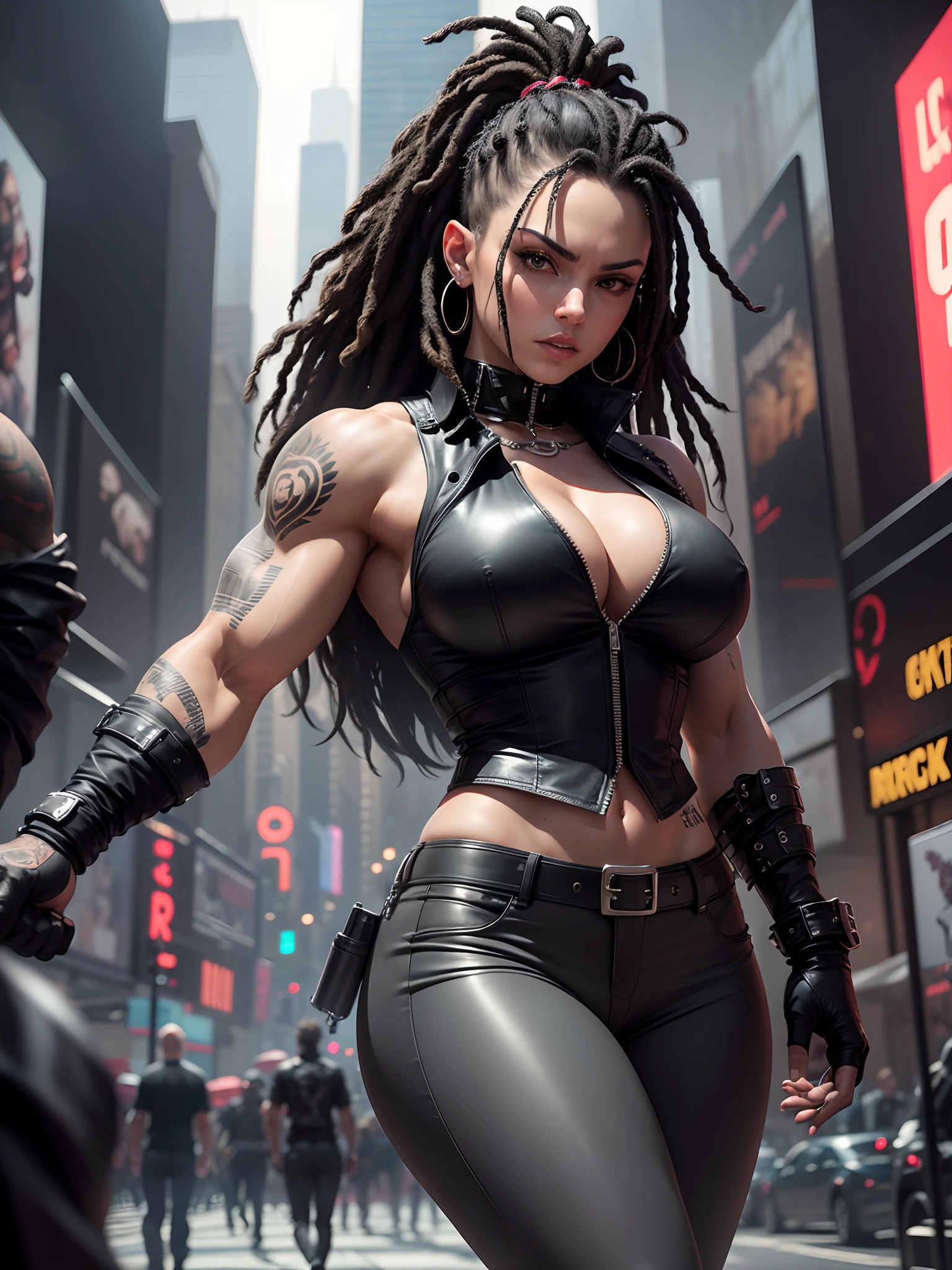 In New York, Time square, gray body, a 25-year-old woman in the style of the Wolf, from DC Comics, dreadlocked hair, is an intergalactic anti-heroine known for her brutality and sarcastic attitude ultra muscular gray body. He is described as an alien humanoid with pale gray skin, long black dreadlocks, and an ultra-muscular physique in tight black leather pants. His intense red eyes add a menacing touch to his appearance. Often dressed in a black leather vest, tight pants, and heavy boots, he sports a punk-rock appearance. With tattoos and scars all over her body, her gray body emphasizes her hardened nature, while her preferred dagger and firearms highlight her fierce and relentless fighting style, In New York, (Big boobs: 1.5), (black leather vest : 1.5), (realism: 1.5),