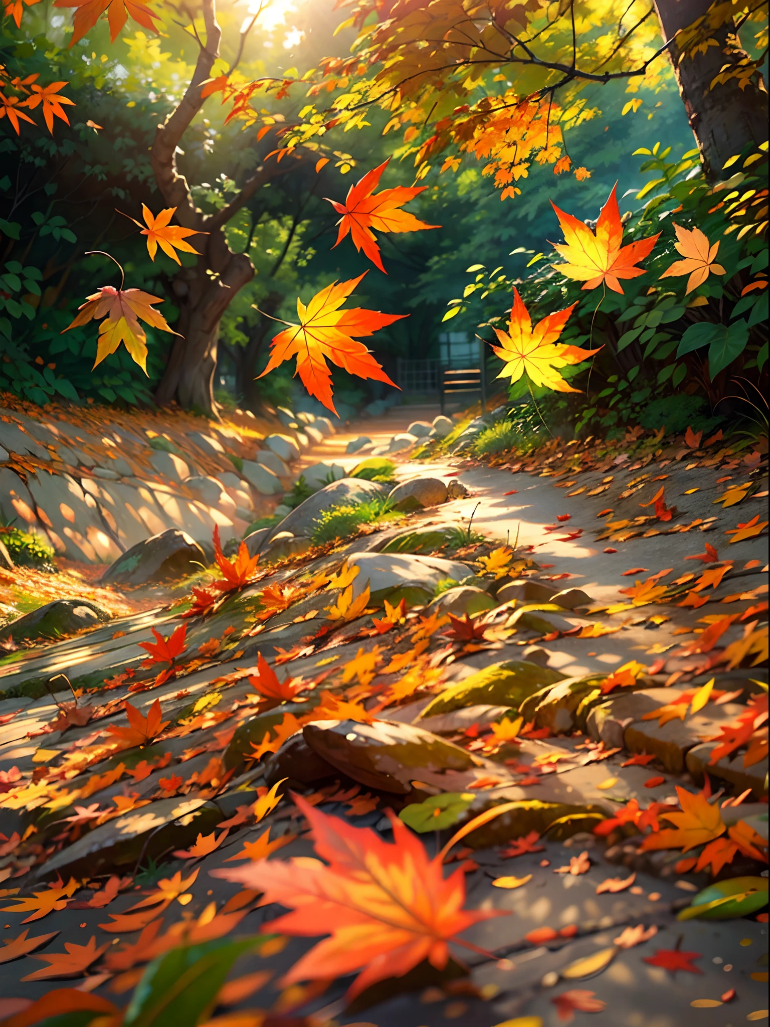 (best quality,ultra-detailed,photorealistic),image of a maple leaf hold by a bird, soft sunlight through the trees,falling leaves,serene atmosphere,natural beauty,vivid colors,subtle shadows,intricate veins on the leaves,crisp autumn air,whispering breeze,peaceful garden setting,autumn hues,whirling dance of leaves,whispering wind through the branches,golden sunlight filtering through the foliage,calm and tranquil mood,slightly blurred background,beautifully textured leaves,soft foliage,crunching leaves underfoot,autumnal tranquility,delicately painted details,glowing autumn landscape,leaves in various stages of color change,gentle rustling of leaves。