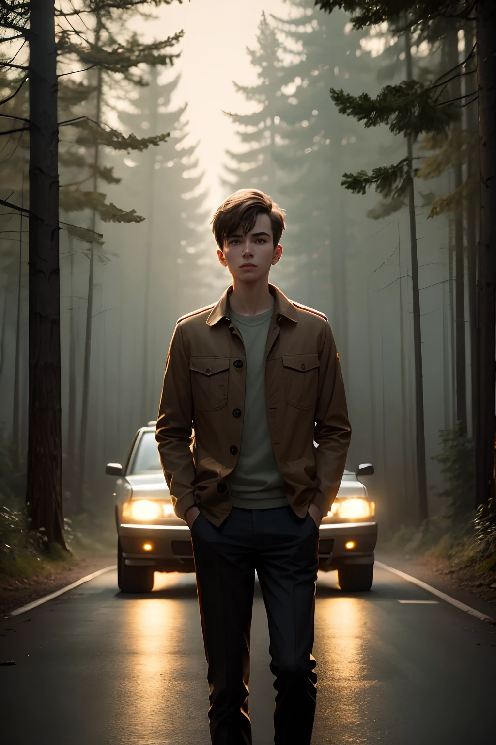 a young man standing on a road in the middle of the forest, with a station wagon, at night, cinematic realistic image