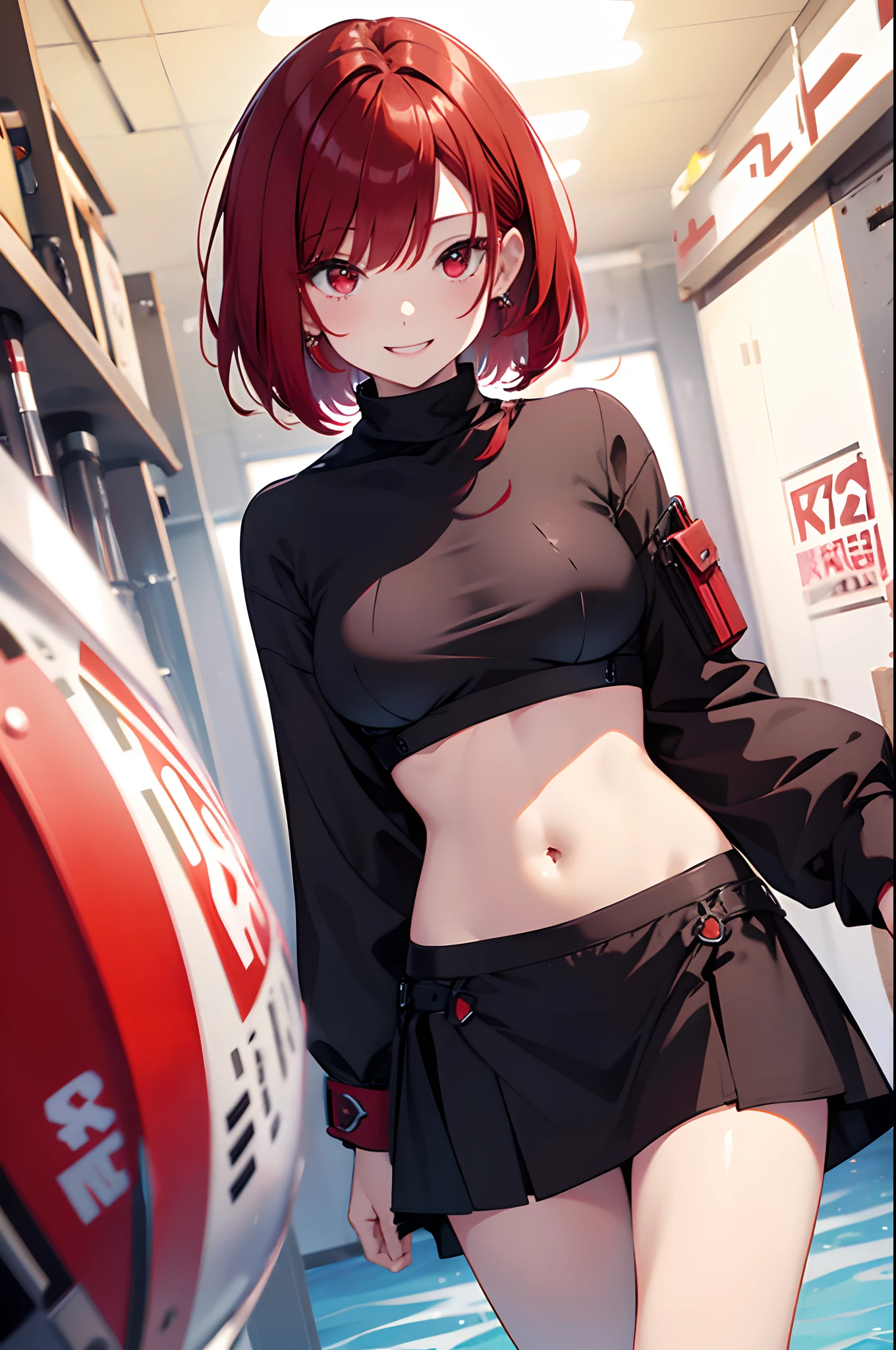 Girl with red medium bob hair、Red Eyes、17 age、One Woman、from the front side、Black Bikini、Navel Ejection、Cheerful smile、Medium chest、top-quality
