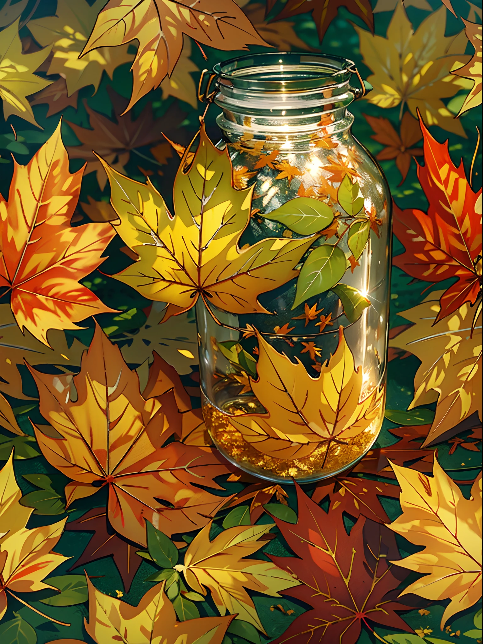 (best quality,ultra-detailed,photorealistic),image of a shiny maple leaf inside a jar , soft sunlight through the trees,falling leaves,serene atmosphere,natural beauty,vivid colors,subtle shadows,intricate veins on the leaves,crisp autumn air,whispering breeze,peaceful garden setting,autumn hues,whirling dance of leaves,whispering wind through the branches,golden sunlight filtering through the foliage,calm and tranquil mood,slightly blurred background,beautifully textured leaves,soft foliage,crunching leaves underfoot,autumnal tranquility,delicately painted details,glowing autumn landscape,leaves in various stages of color change,gentle rustling of leaves。