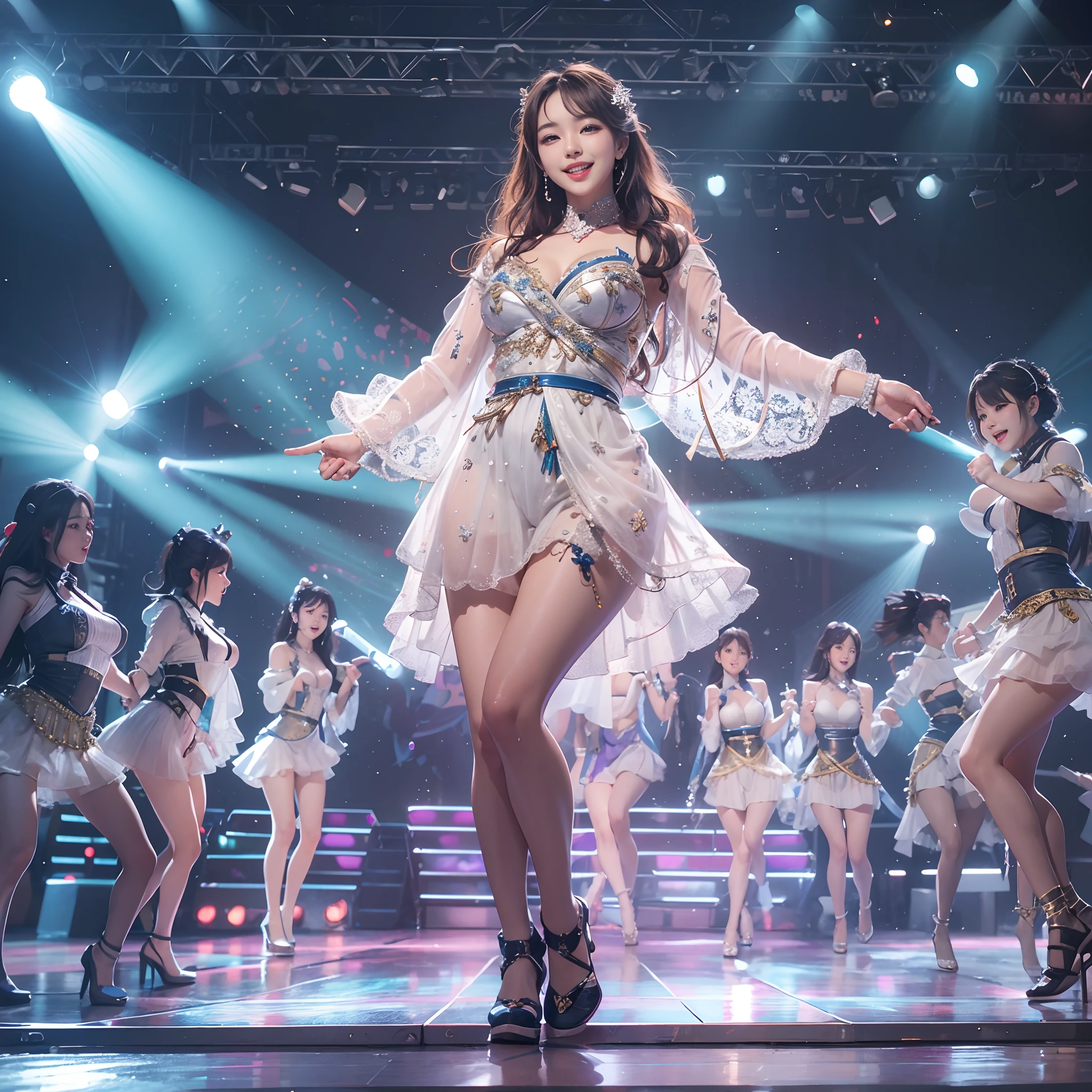 8k, highest quality, high resolution, realistic, real person, live stage with a large audience, one girl, young and cute korean idol, ((KARA)), big, long and beautiful legs, dancing violently in various poses while smiling on stage, holding microphone in hand, revealing gorgeous costume, beautiful light up