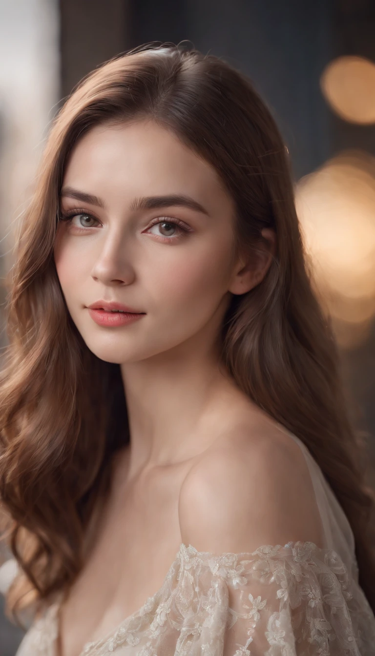 A beautiful 24-year-old girl, slightly blurred background, 8k (best quality, highres, masterpiece:1.2), ultra-detailed, realistic:1.37, fine art portrait, vibrant colors, soft lighting, long flowing hair, delicate features, captivating gaze, elegant pose, fashionable outfit, dreamy atmosphere, painterly style, bokeh