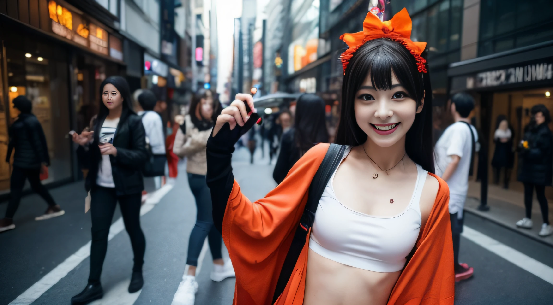 One woman is walking the streets of Shibuya in Halloween cosplay Looking at the camera and smiling
