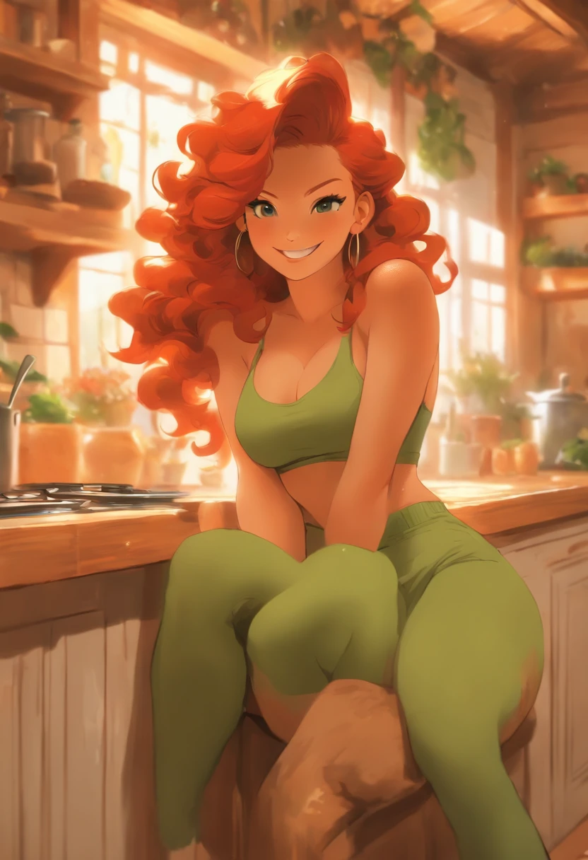 ,masterpiece full body portrait of a young pretty redhead woman sitting on the kitchen counter, she has long curly red hair, she has a cute face, she is smiling happily, wearing a green microbikini, (huge_breasts:1.2), huge breasts, big breasts, , wearing short shorts, she has pale thighs, fine detail, loose brushstrokes, cottagecore, warm tones, farmhouse interior, Velazquez painting style,