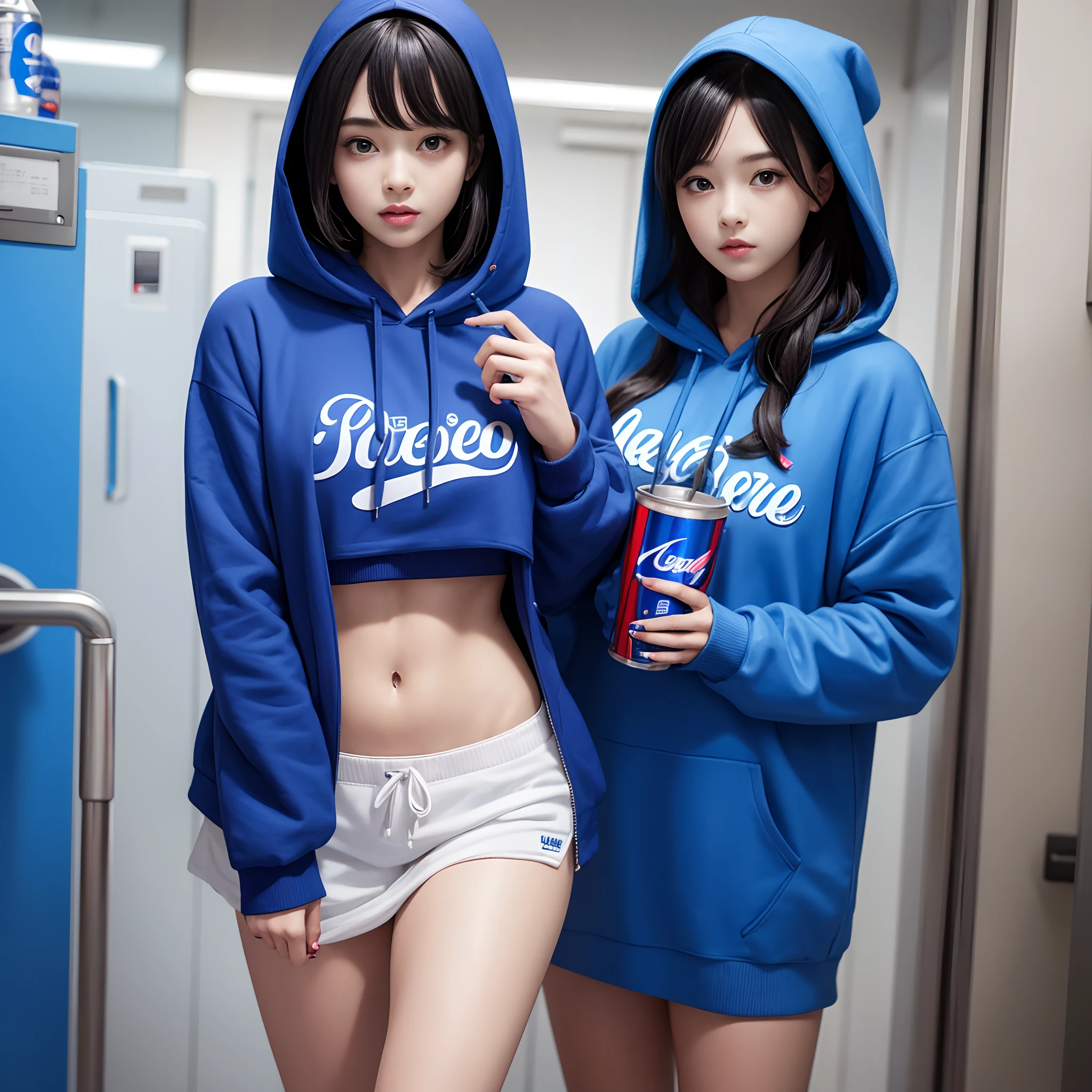 Alafe in blue hoodie with Pepsi can and drink, Wearing a blue hoodie, girl wearing hoodie, Blue Hoodie, wearing an oversized hoodie, wearing a neon blue hoodie, Wearing hoodie, oversized hoodie, Wearing a hoodie, japanese streetwear, Wearing a hoodie and sweatpants, black haired girl wearing hoodie, ulzzangs, in a hoodie, 🤤 girl portrait，japanes，femele，20 year old beautiful woman，huge tit