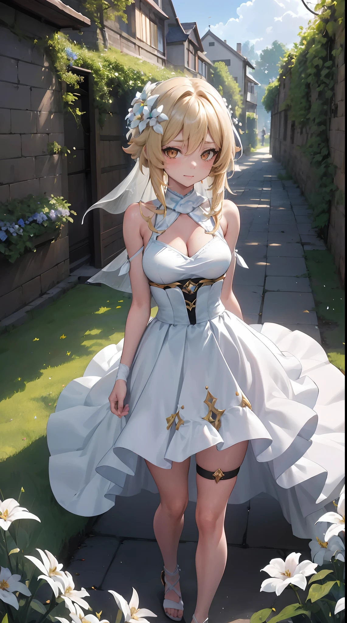 Lumine | genshin impact, master-piece, bestquality, 1girls,25 years old, proportional body, proportional., long-haired, Wedding Dresses, White Wedding Dress, Long skirt, mediuml breasts, ,bara, choker, Standing in the middle of a flower garden, outdoor, The sky is beautiful, arm behind back, against wall, View viewers from the front., Thigh strap, Head tilt, bored, 10, 10, HD, slight smile,