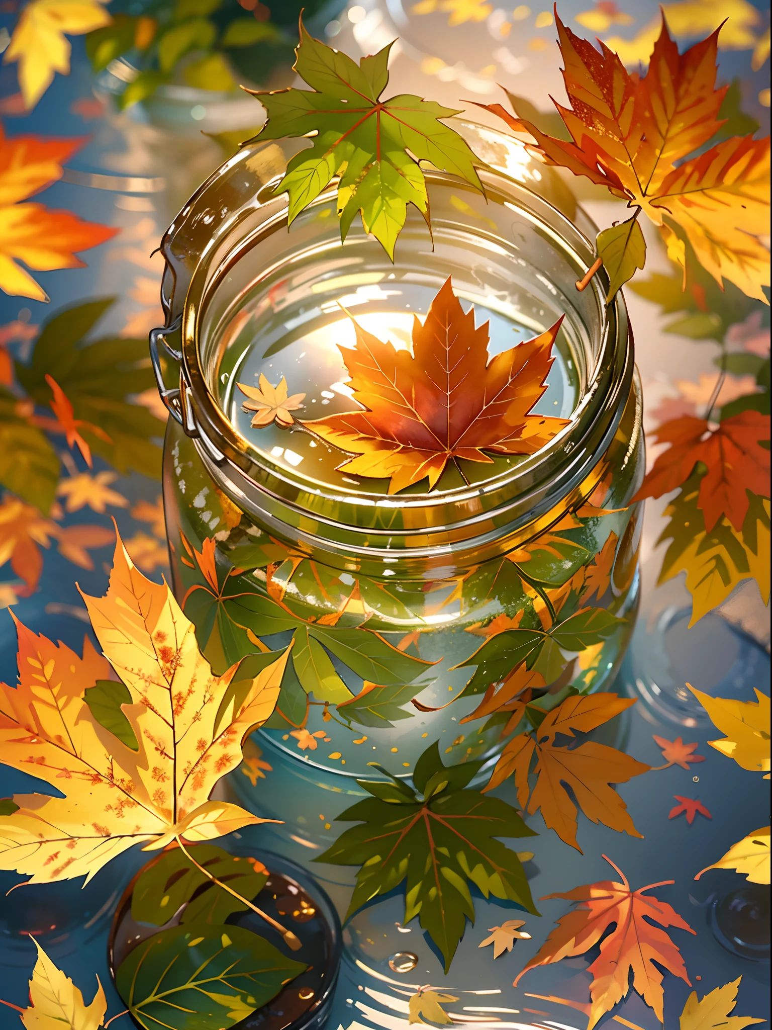 (best quality,ultra-detailed,photorealistic),image of a shiny maple leaf inside a jar floating on water , soft sunlight through the trees,falling leaves,serene atmosphere,natural beauty,vivid colors,subtle shadows,intricate veins on the leaves,crisp autumn air,whispering breeze,peaceful garden setting,autumn hues,whirling dance of leaves,whispering wind through the branches,golden sunlight filtering through the foliage,calm and tranquil mood,slightly blurred background,beautifully textured leaves,soft foliage,crunching leaves underfoot,autumnal tranquility,delicately painted details,glowing autumn landscape,leaves in various stages of color change,gentle rustling of leaves。