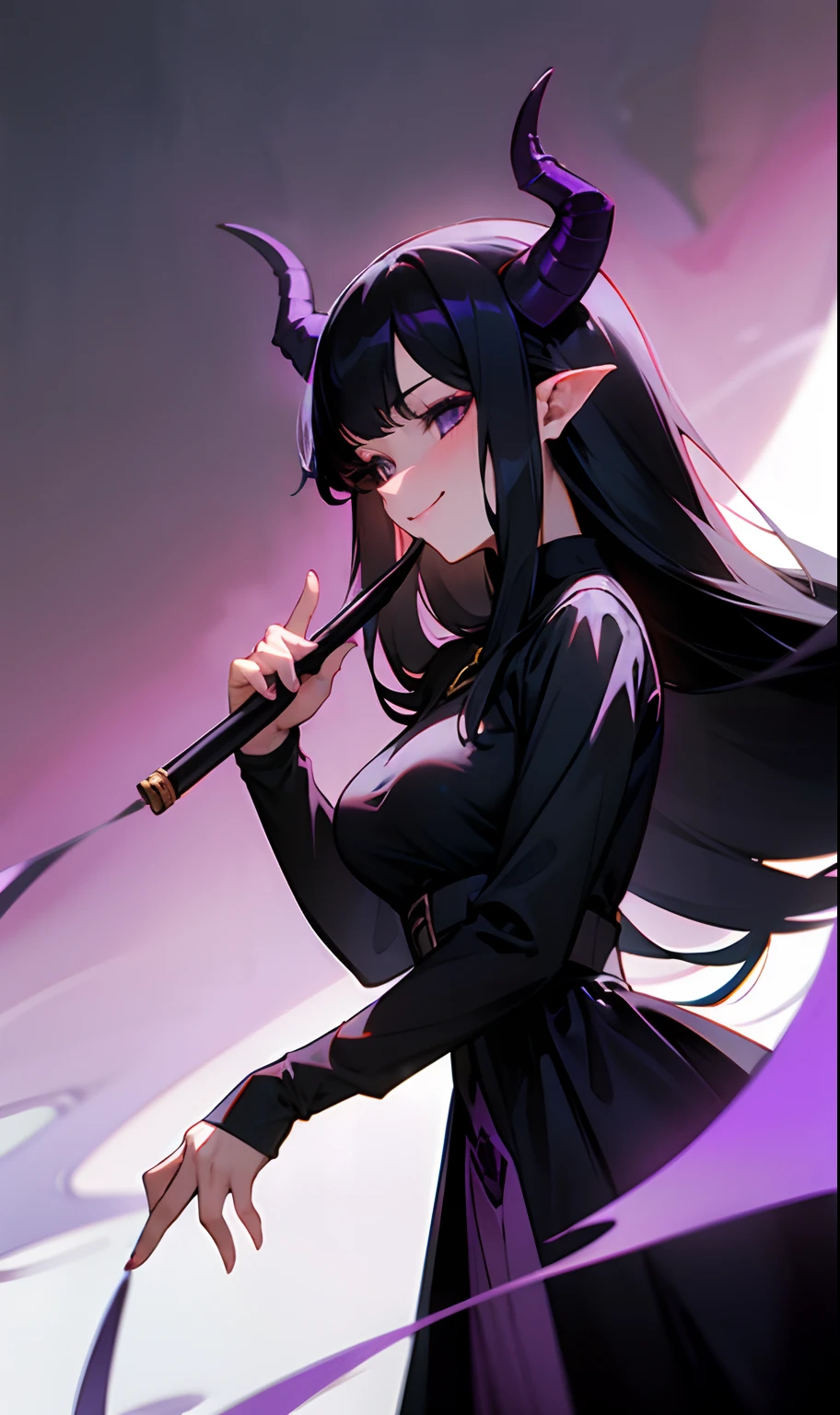 30-year-old girl holding a pipe while wearing a black dress with above average breasts and with her finger under her mouth smiling long black hair and light purple demon horns