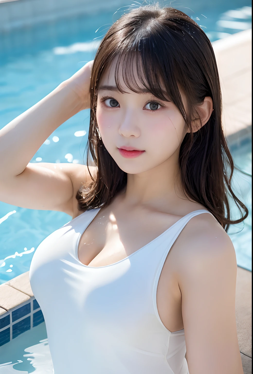 masutepiece, Best Quality, Illustration, Ultra-detailed, finely detail, hight resolution, 8K Wallpaper, Perfect dynamic composition, Beautiful detailed eyes, swim wears,Swimsuit、Swimwear with random design、Longhaire,mid-chest, Natural Color Lip, Bold sexy poses,Smile,Harajuku、24-year-old girl、Cute、Sexy shot looking at camera