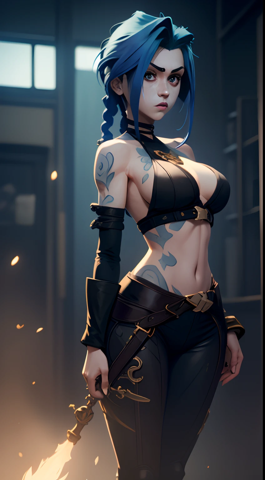 Jinx's character design, Dynamic movements, bare breast, covers the chest with his hands, Swollen ,  butt, kitty, sexypose, Beautiful figure, Arcane's Jinx, Bright blue and purple sparks all around, glowing eyes, Pink glowing eyes, hairlong, hairsh, braided into long braids, Pigtails hang below the knee, Hair color changes from bright blue to navy blue, Dressed in brown breeches, Leather boots on the feet, Top with four gold circles on the chest in the middle of the chest, Blue cloud tattoos on shoulders and waist, Long bangs, hanging on the right side, Belt with cartridges on the belt, Arcane style, extremely detailed CG unity 8k wallpaper, detailed light, Cinematic lighting, chromatic aberration, glittering, expressionless, epic composition, dark in the background, Cherecter Desing, Very detailed, Detailed body, Vibrants, Detailed Face, sharp-focus, anime art, Vibrants, Detailed Face, Hugh Details, sharp-focus, Very drooping face, A detailed eye, super fine illustration, better shadow, finely detail, Beautiful detailed glow, Beautiful detailed, Extremely detailed, expressionless, epic composition,