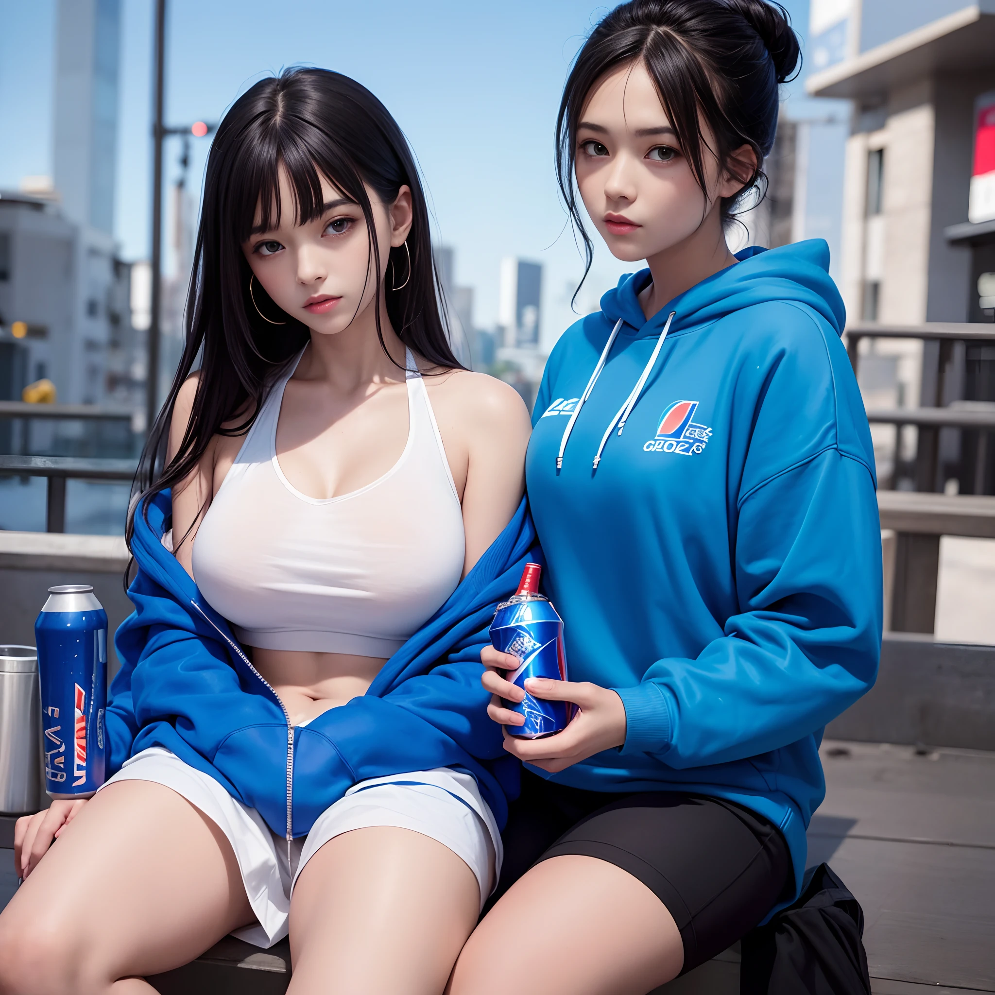 Alafe in blue hoodie with Pepsi can and drink, Wearing a blue hoodie, girl wearing hoodie, Blue Hoodie, wearing an oversized hoodie, wearing a neon blue hoodie, Wearing hoodie, oversized hoodie, Wearing a hoodie, japanese streetwear, Wearing a hoodie and sweatpants, black haired girl wearing hoodie, ulzzangs, in a hoodie, 🤤 girl portrait，japanes，femele，20 year old beautiful woman，huge tit