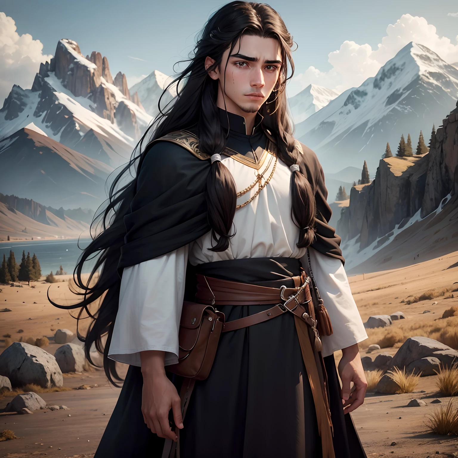 In the background are mountains, A young man, 18 years old named Men, black eyes, long hair, White, wearing a black tunic, The look on his face that wanted to cry