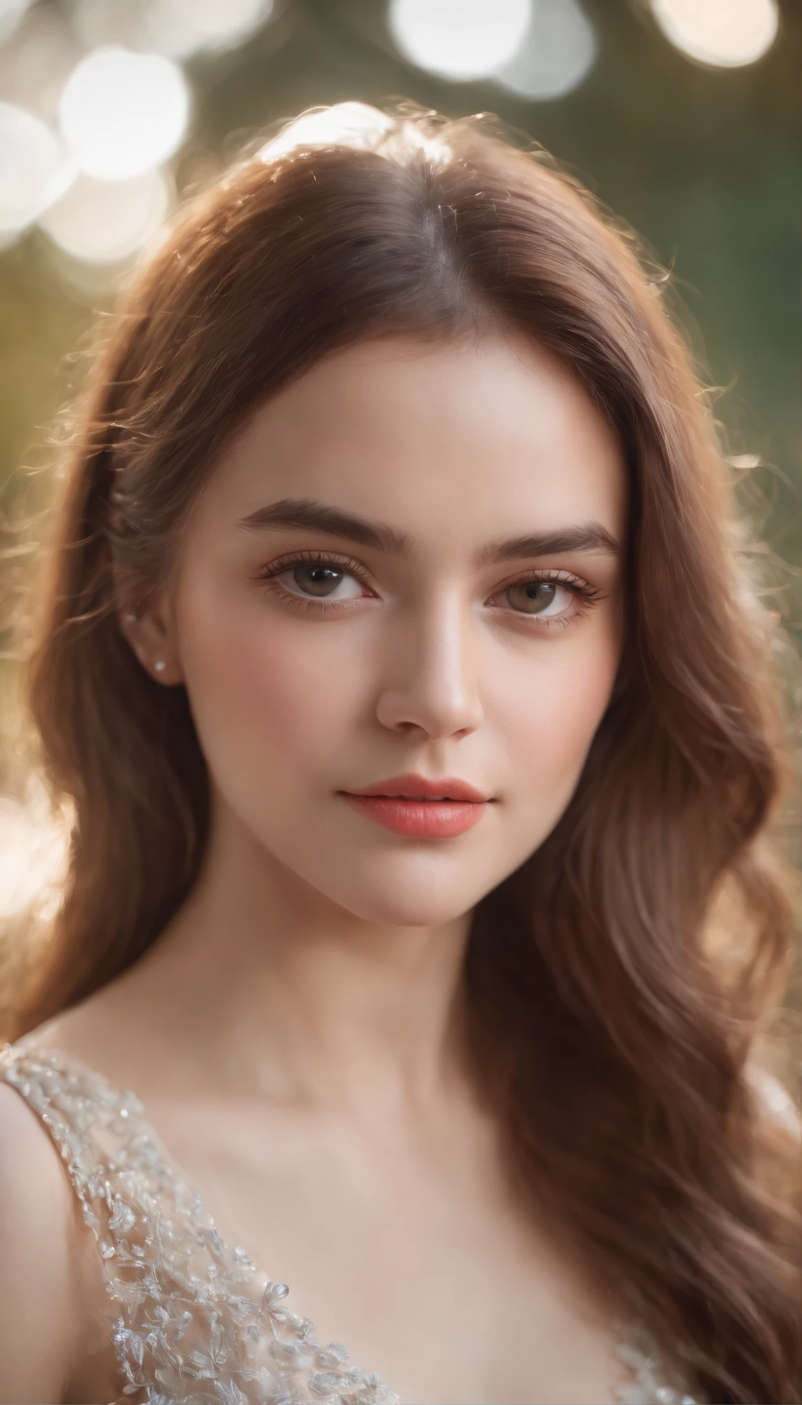 A beautiful 24-year-old girl, slightly blurred background, 8k (best quality, highres, masterpiece:1.2), ultra-detailed, realistic:1.37, fine art portrait, vibrant colors, soft lighting, long flowing hair, delicate features, captivating gaze, elegant pose, fashionable outfit, dreamy atmosphere, painterly style, bokeh