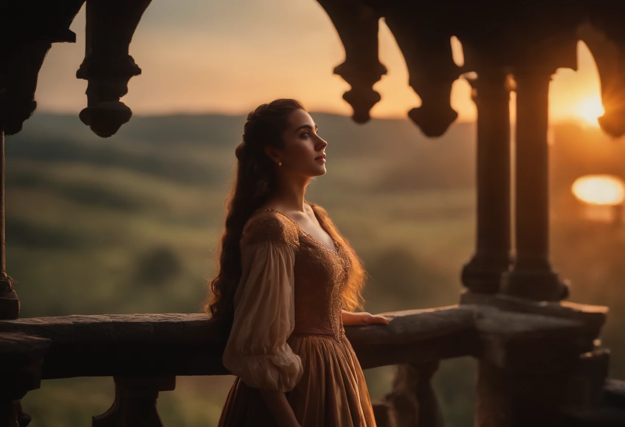 (Best Quality, 4k,8k wallpaper)、There is a girl on the roof of a medieval western castle、Clean face、Wear the princess's dress、Looking at the sunset sky、Cinematic lighting dyed in sunset colors、