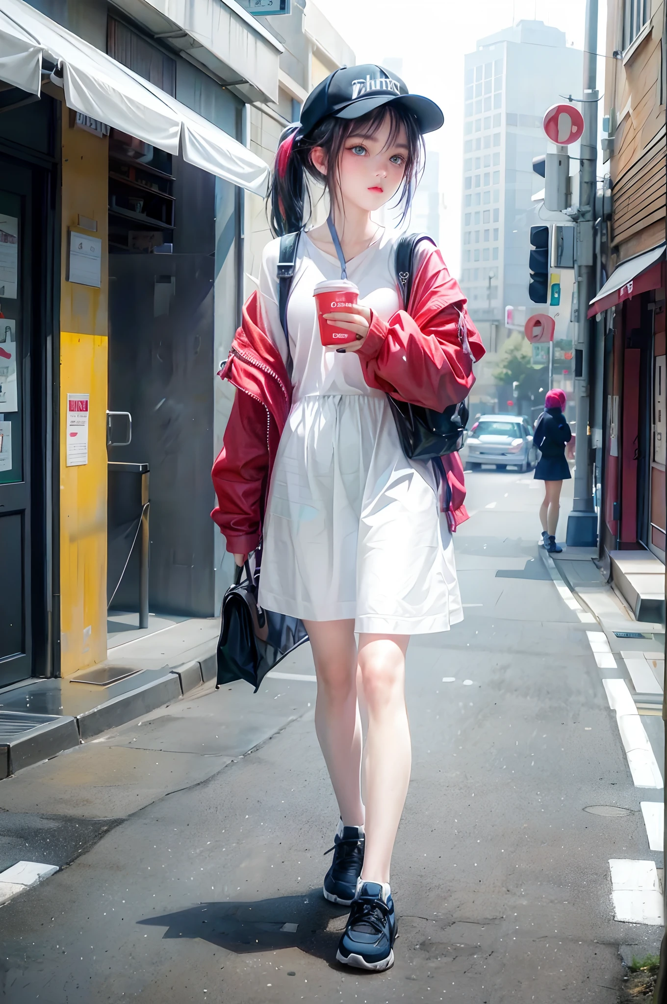 Extreme low angle, full body (8k, RAW photo, highest quality, masterpiece), High detail RAW color photo professional, (realism, photo realism:1.4), (highest quality), (best shadow), (best illustration),surreal face, blue eyes, girl long neon green hair, wearing short hoodie head set, long Tartan plaid Skirt, tight high socks,  hiding a hoverboard, tokyo night, neon, neon pink, neon blue, neon lime green,