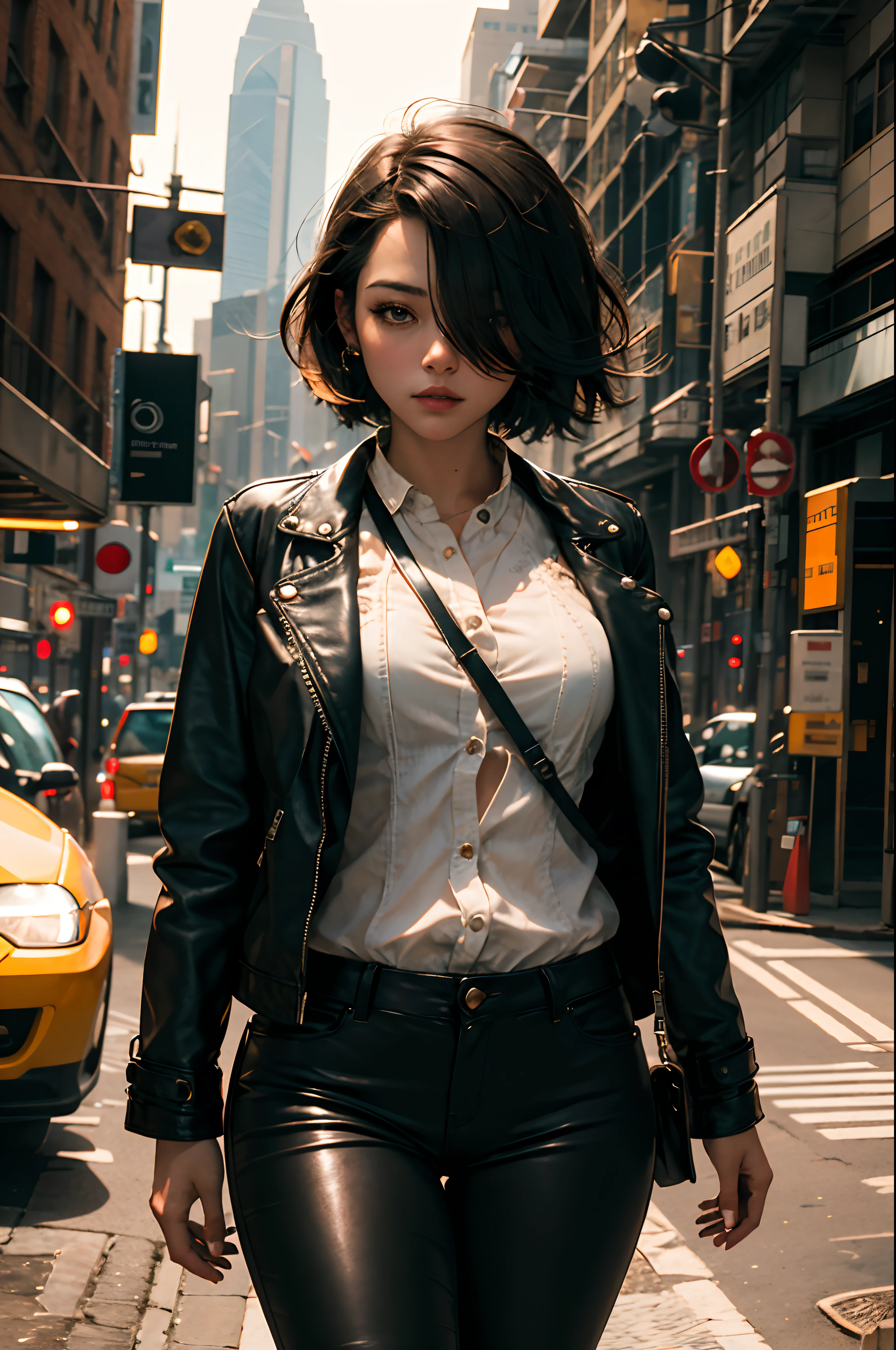 (masterpiece:1.2) (illustration:1.1) (best quality:1.2) (detailed) (intricate) (8k) (HDR) (wallpaper) (cinematic lighting) (sharp focus), (1girl), beautiful woman, petite, skinny, fair skin, short black hair, leather pants, leather jacket, black leather, leather straps, white shirt