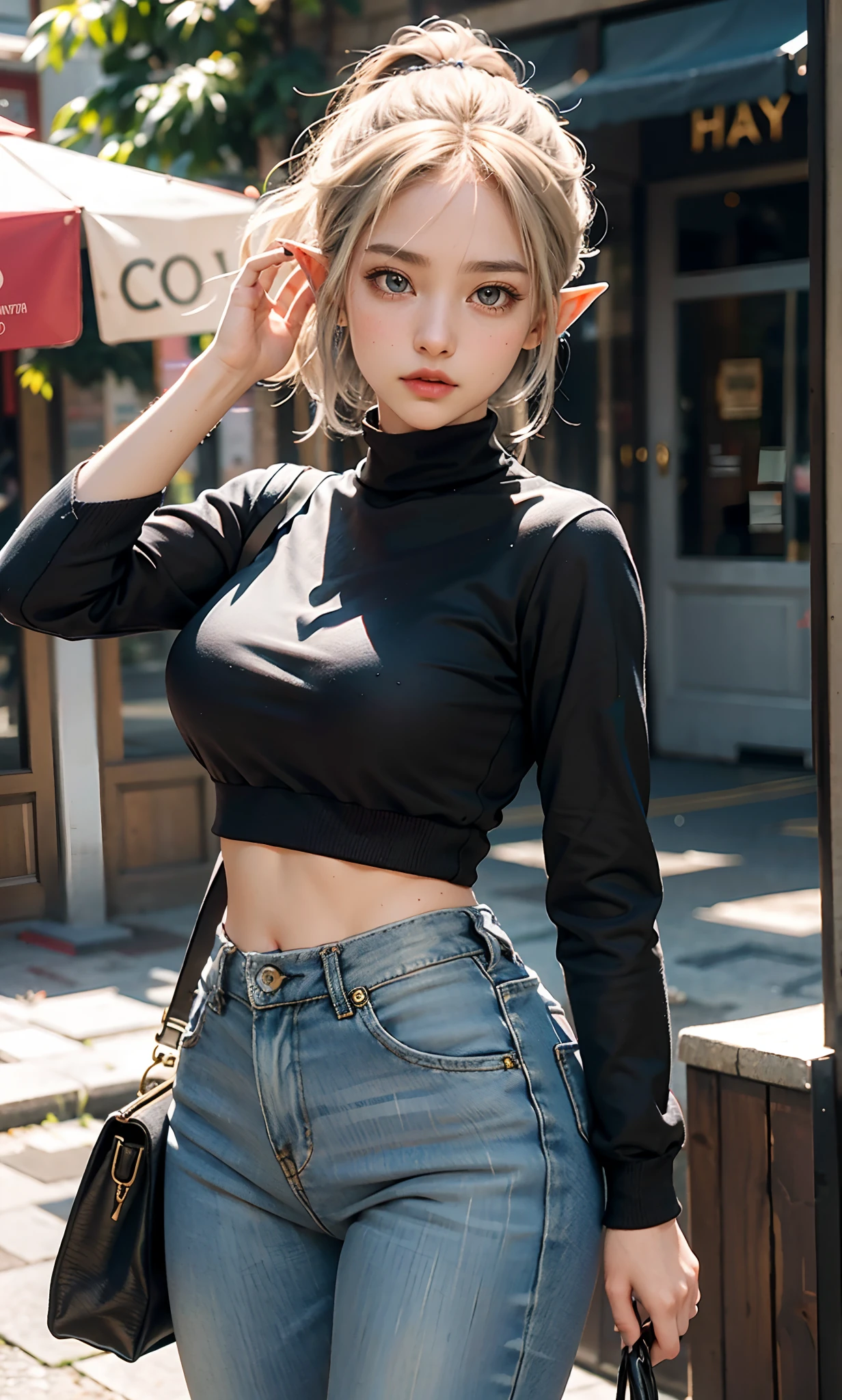 (raining day:1 silver-haired girl, Girl), tmasterpiece, best qualtiy, RAW photogr, realisticlying, the face, Incredibly Ridiculous res, Beautiful elf beauty,(Elf pointed ears),ear studs,Get wet all over, (Champagne-colored ultra-short hair,Half-tied ponytail), Sweatshirt,tiese,Half-leg jeans,Short black socks,Short black socks,Low-top canvas shoes,depth of fields, A high resolution, ultra - detailed, filigree, RAWE is very detailed, very detailed eyes and faces, Sharp pupils, realistic pupil, tack sharp focus, cinmatic lighting,full bodyesbian,Bigboobs,long leges,From the front side,Main street on a rainy day,dynamicposes,(Extremely normal body:2.0)