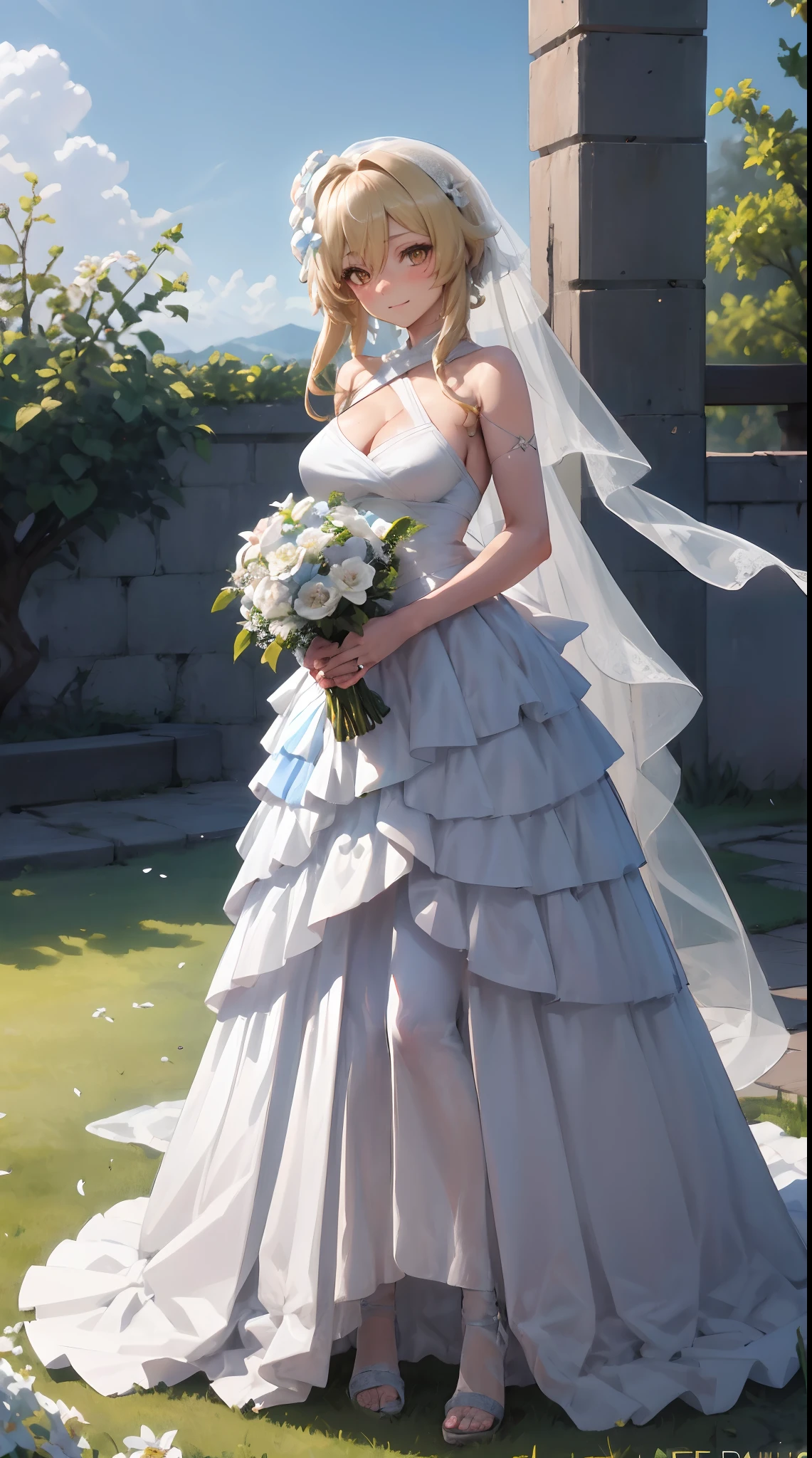 Lumine | genshin impact, master-piece, bestquality, 1girls,25 years old, proportional body, proportional., Wedding Dresses, White Wedding Dress, Long skirt, wedding, mediuml breasts, ,bara, Standing in the middle of a flower garden, outdoor, wedding, The sky is beautiful, Both hands hold a bouquet of flowers.., View viewers from the front., Thigh strap, Head tilt, bored, 10, 10, HD, slight smile,