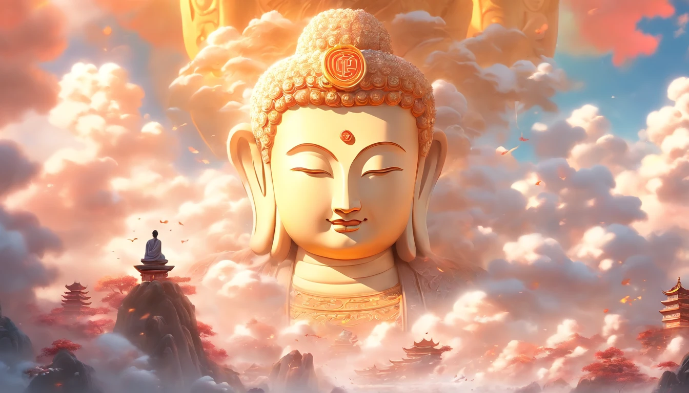 ((Masterpiece))，(Best quality))，China-style，In the sky, The clouds form a huge transparent glowing white jade Maitreya Buddha statue，Thick clouds，The sun shines，Pilgrims on the road，Hyper-realistic，Ultra photo realsisim，Real Photographics，8K，High definition，high qulity，Works of masters，super-fine，（（（OC renderer）））