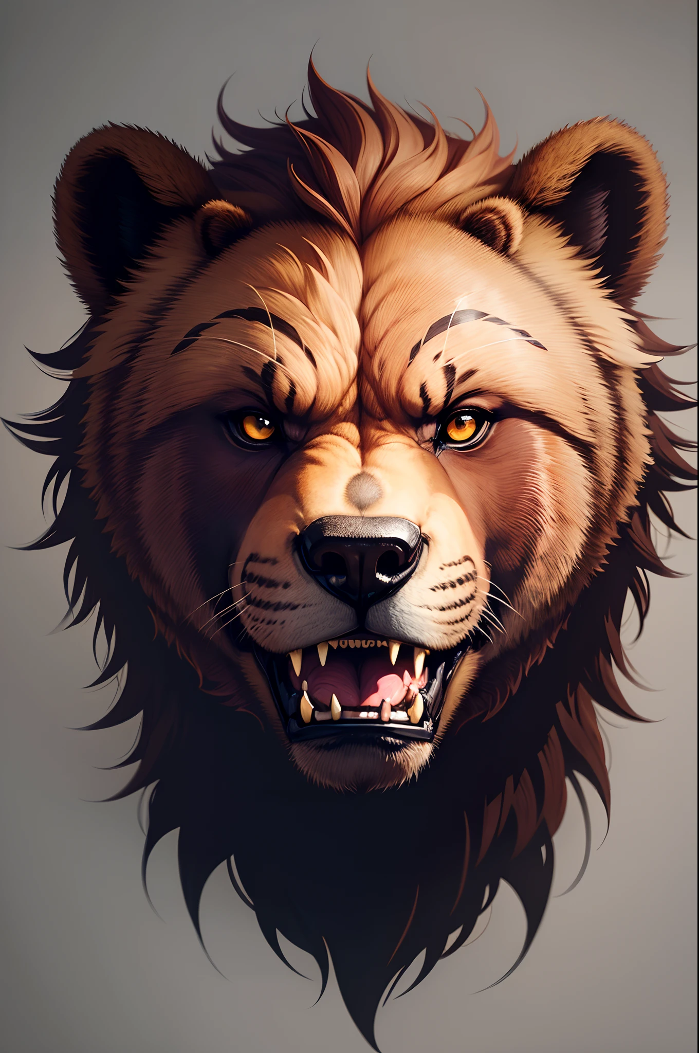 a roaring bear head, looking straight, front view, line art, illustration, pure background, tattoo