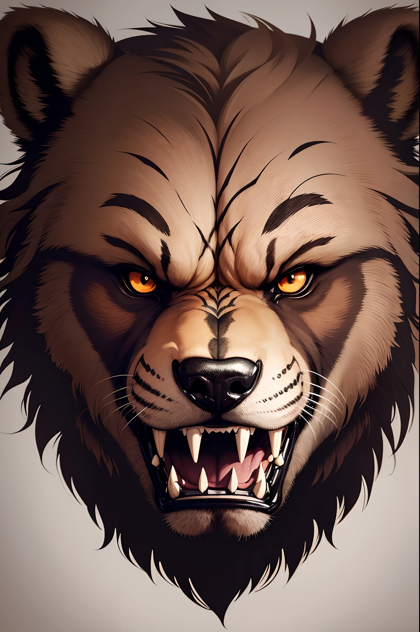 a roaring bear head, looking straight, front view, line art, illustration, pure background, tattoo