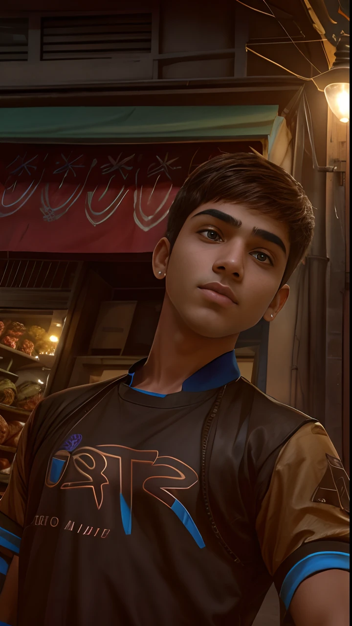 Replace the background with another background of an Indian city market in evening sky with complex details of shops and people, make it like an avatar of teen boy, try that the face will look real and similar to the given image so that anyone can recognise, change the outfit in the given image to another outfit, change the colour of face to a brownish