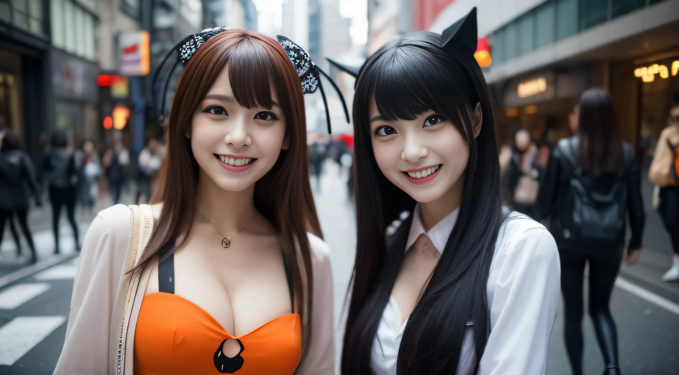 Two women are walking the streets of Shibuya in Halloween cosplay　Looking at the camera and smiling